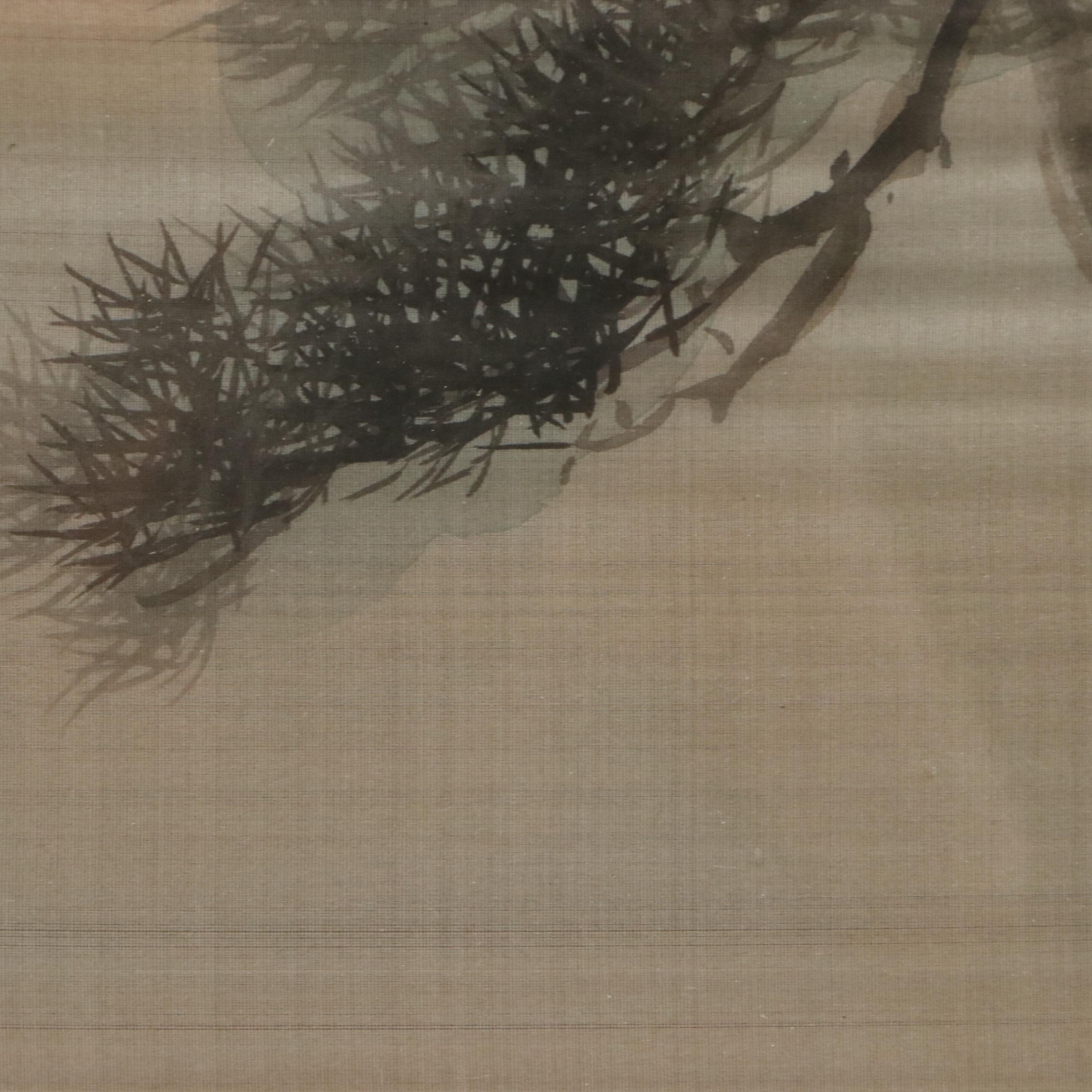 East Asian School Gouache Painting of Cranes and Pine Tree