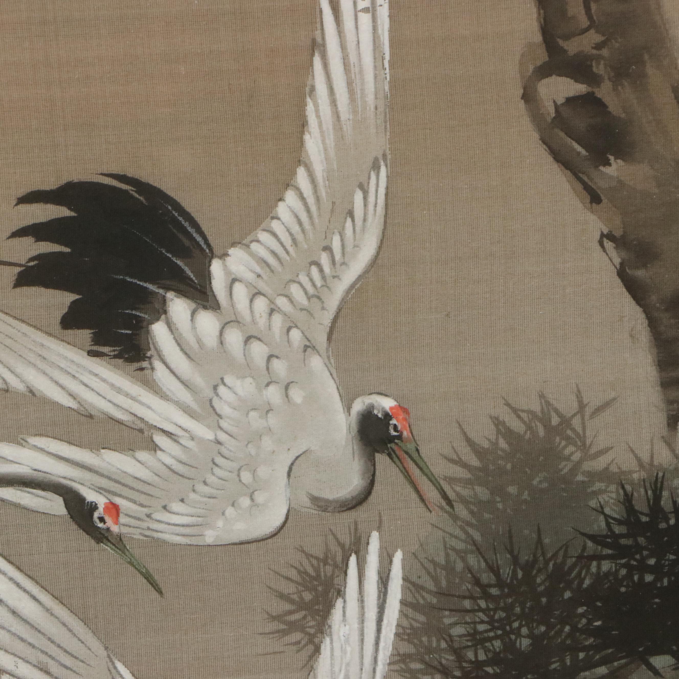 East Asian School Gouache Painting of Cranes and Pine Tree