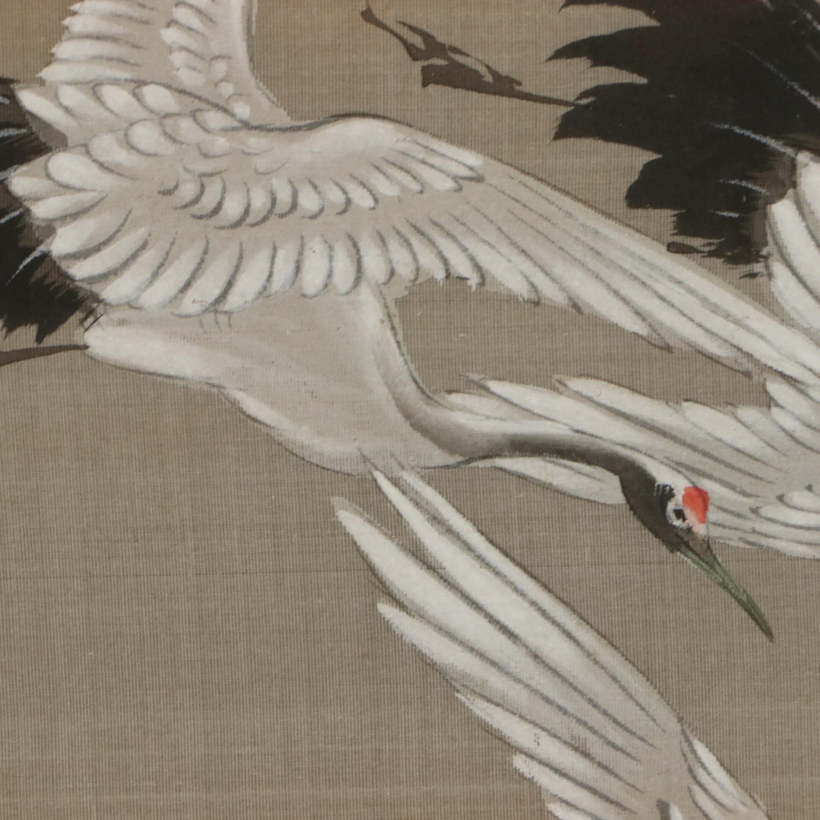 East Asian School Gouache Painting of Cranes and Pine Tree