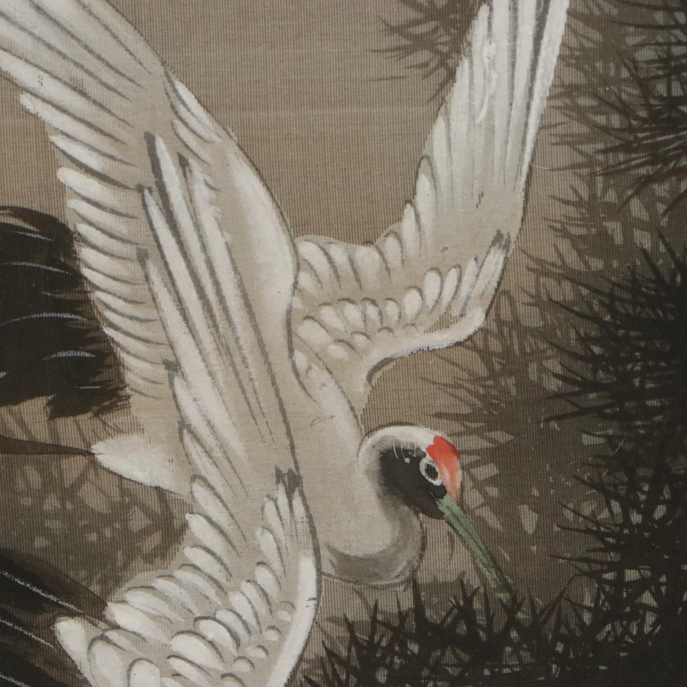 East Asian School Gouache Painting of Cranes and Pine Tree