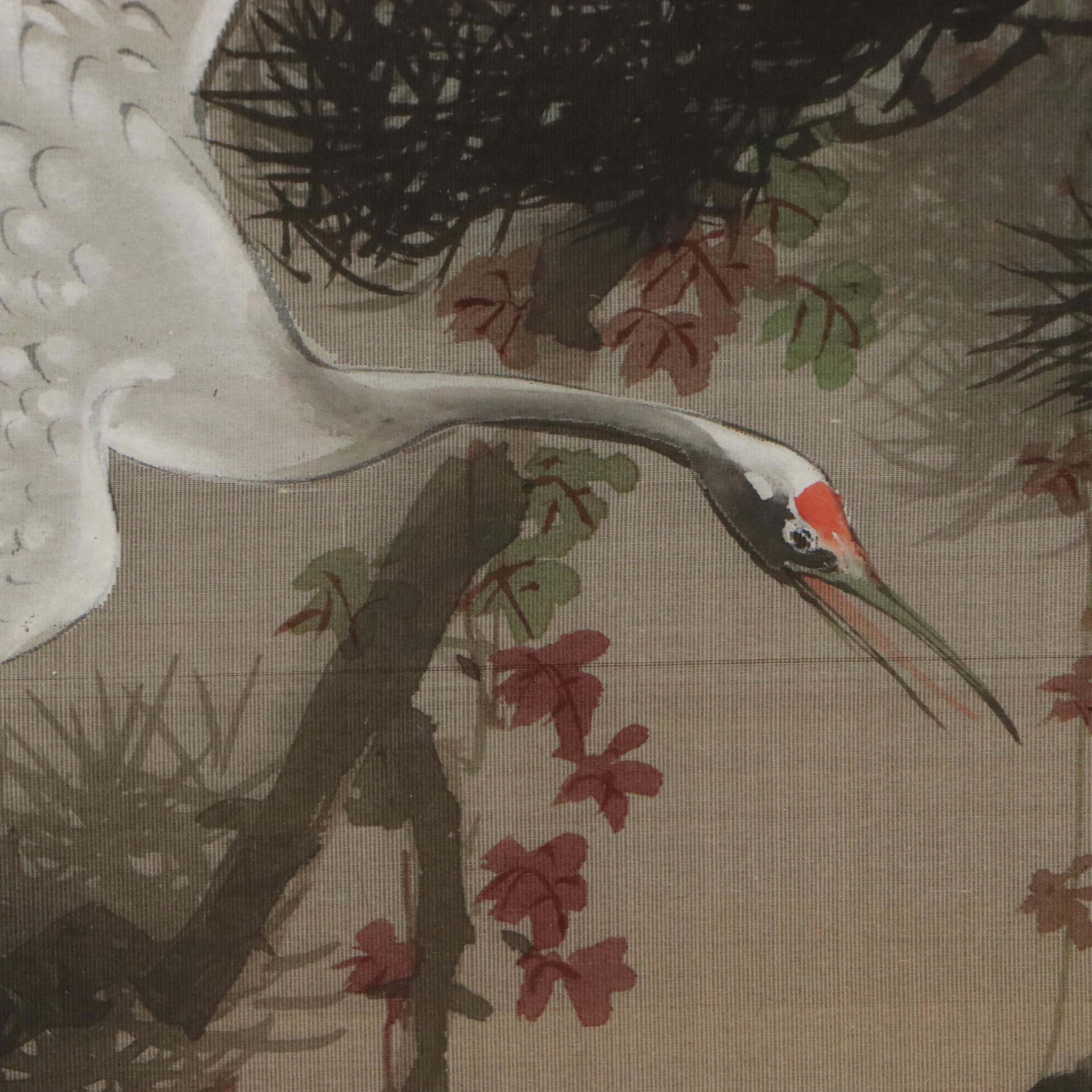 East Asian School Gouache Painting of Cranes and Pine Tree