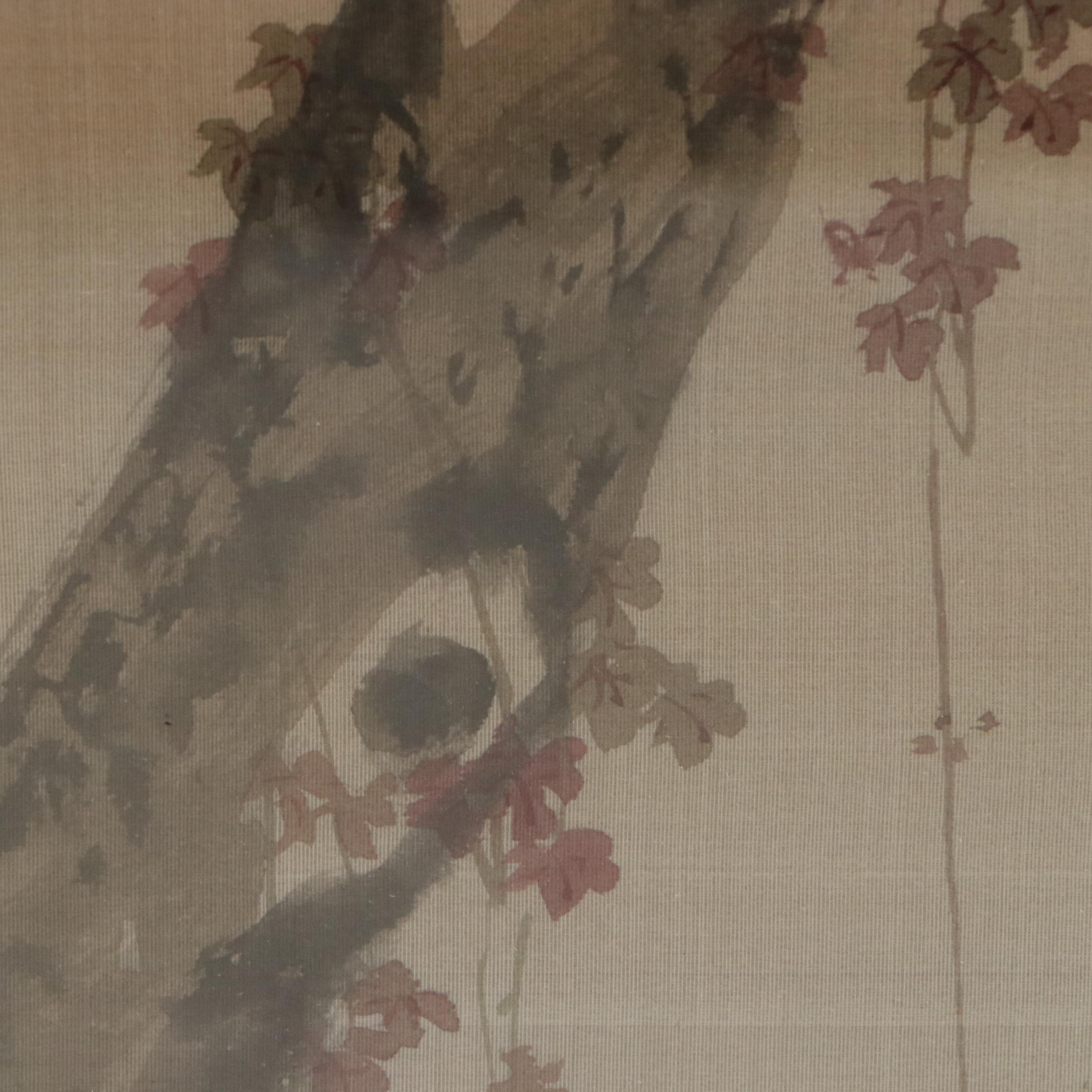 East Asian School Gouache Painting of Cranes and Pine Tree