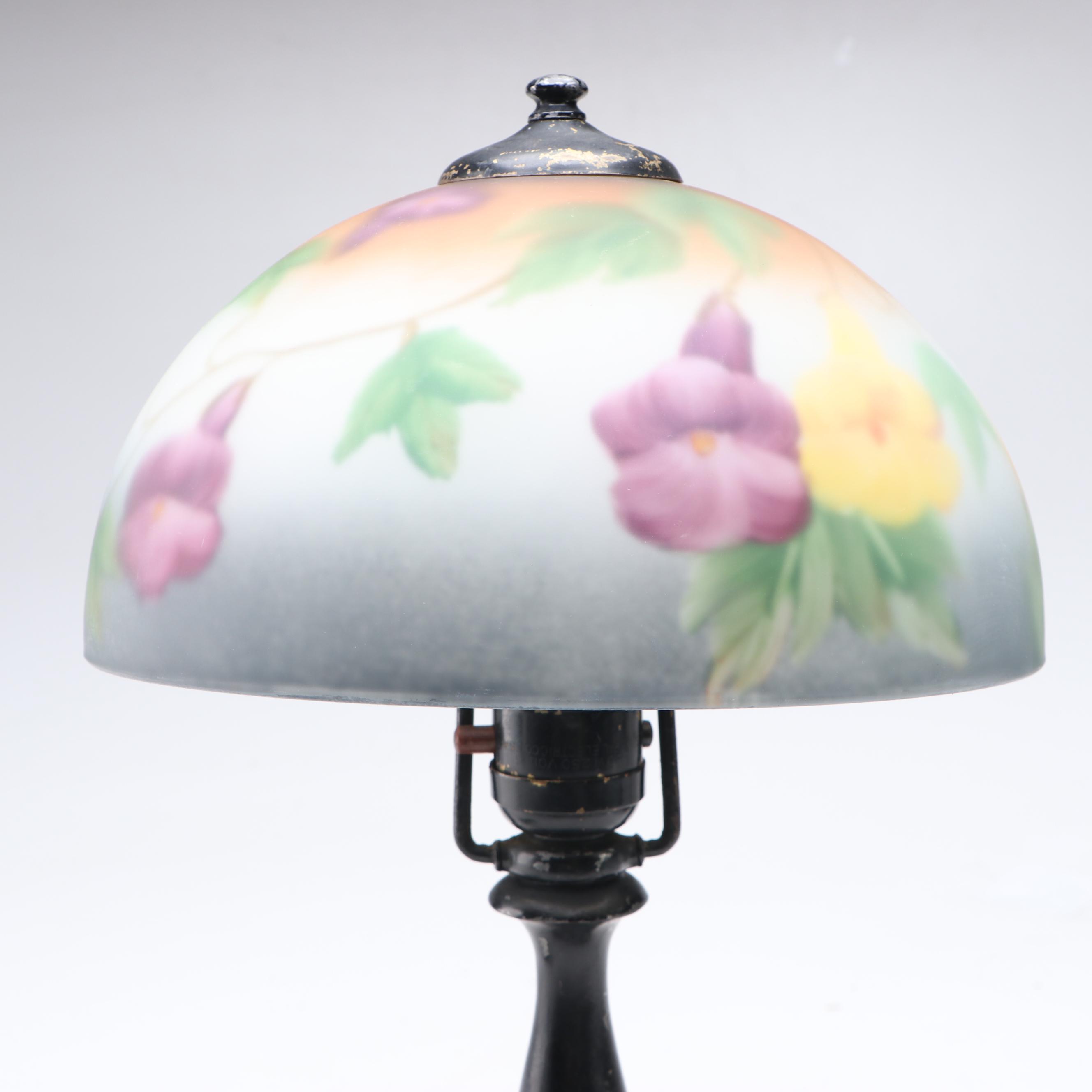 Moe-Bridges Spelter Table Lamp with Reverse-Painted Glass Shade