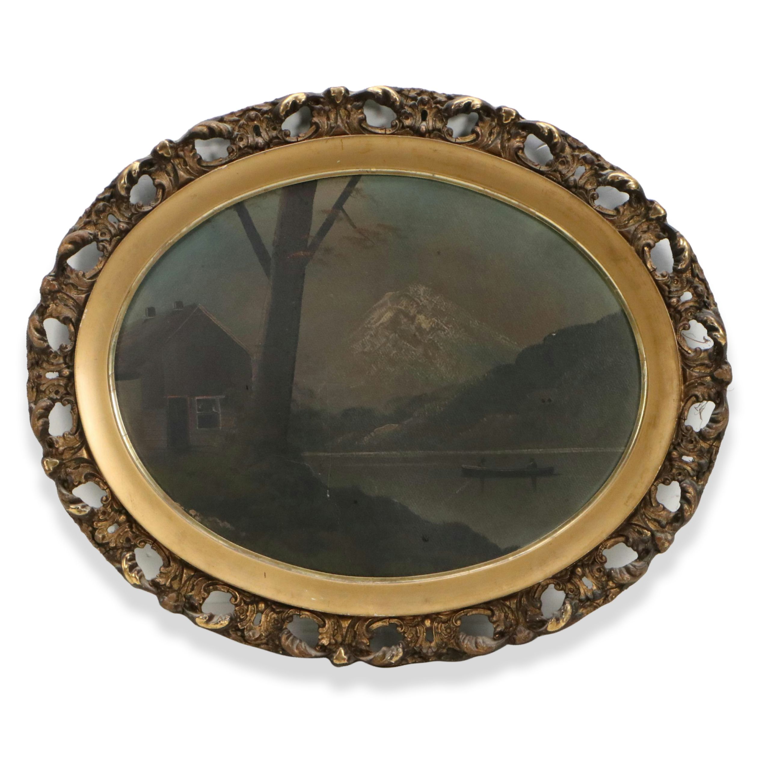 Oil Painting of Lake Scene with Distant Mountain, 19th to Early 20th Century