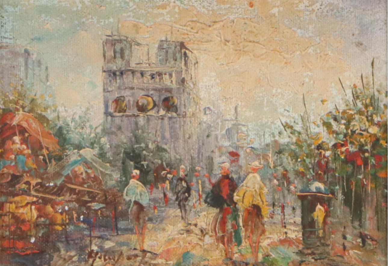 Oil Painting of Parisian Street Scene, Mid-20th Century