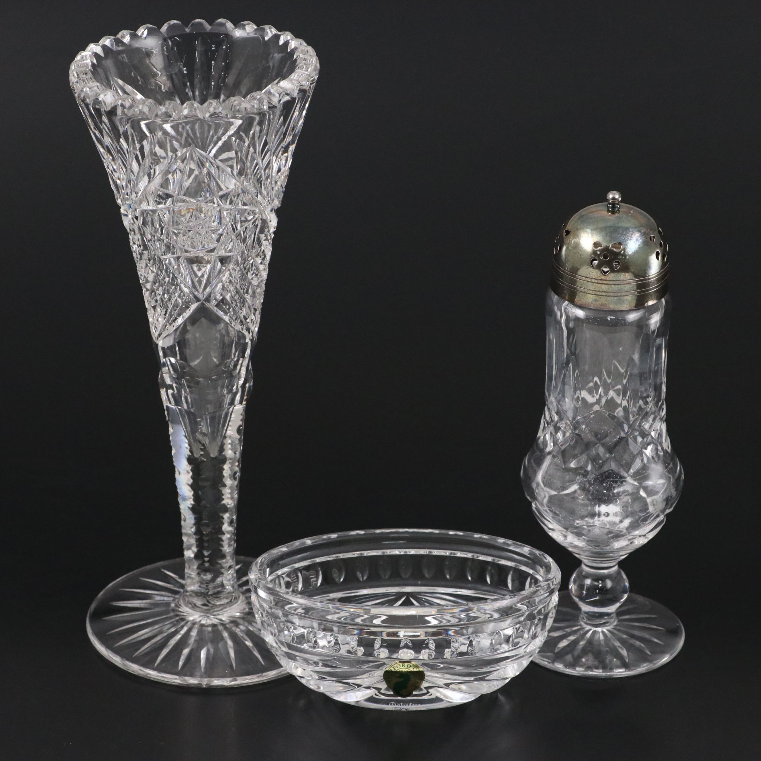 Waterford Crystal Bowl and Shaker with Other Etched Crystal Vase