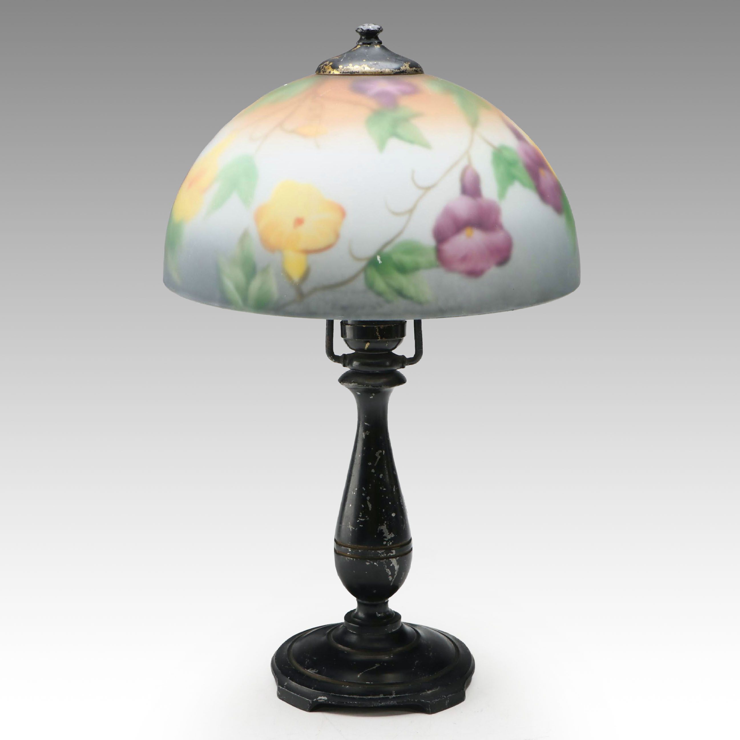 Moe-Bridges Spelter Table Lamp with Reverse-Painted Glass Shade