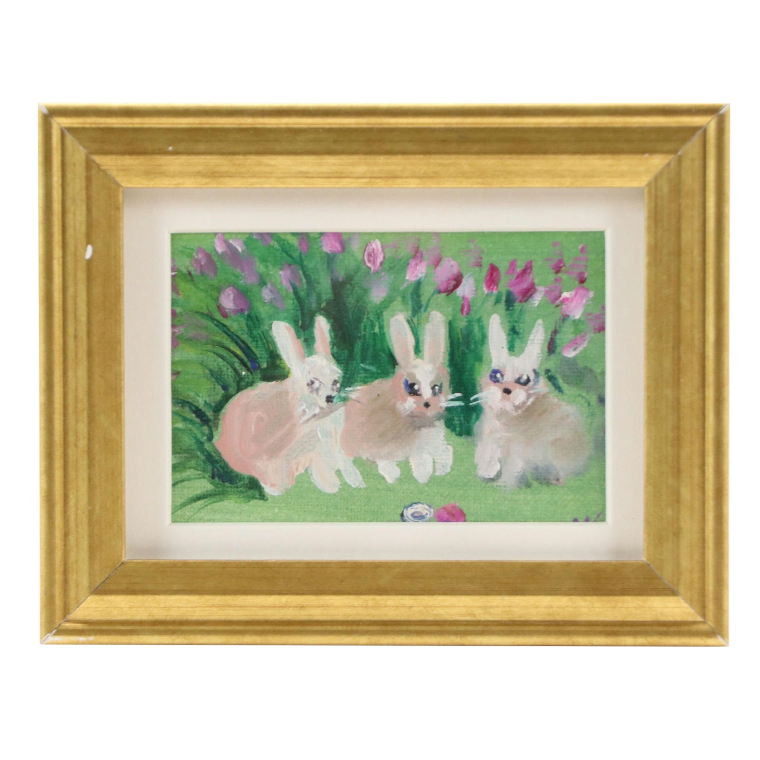 Miniature Stylized Oil Painting of Three Rabbits, 21st Century
