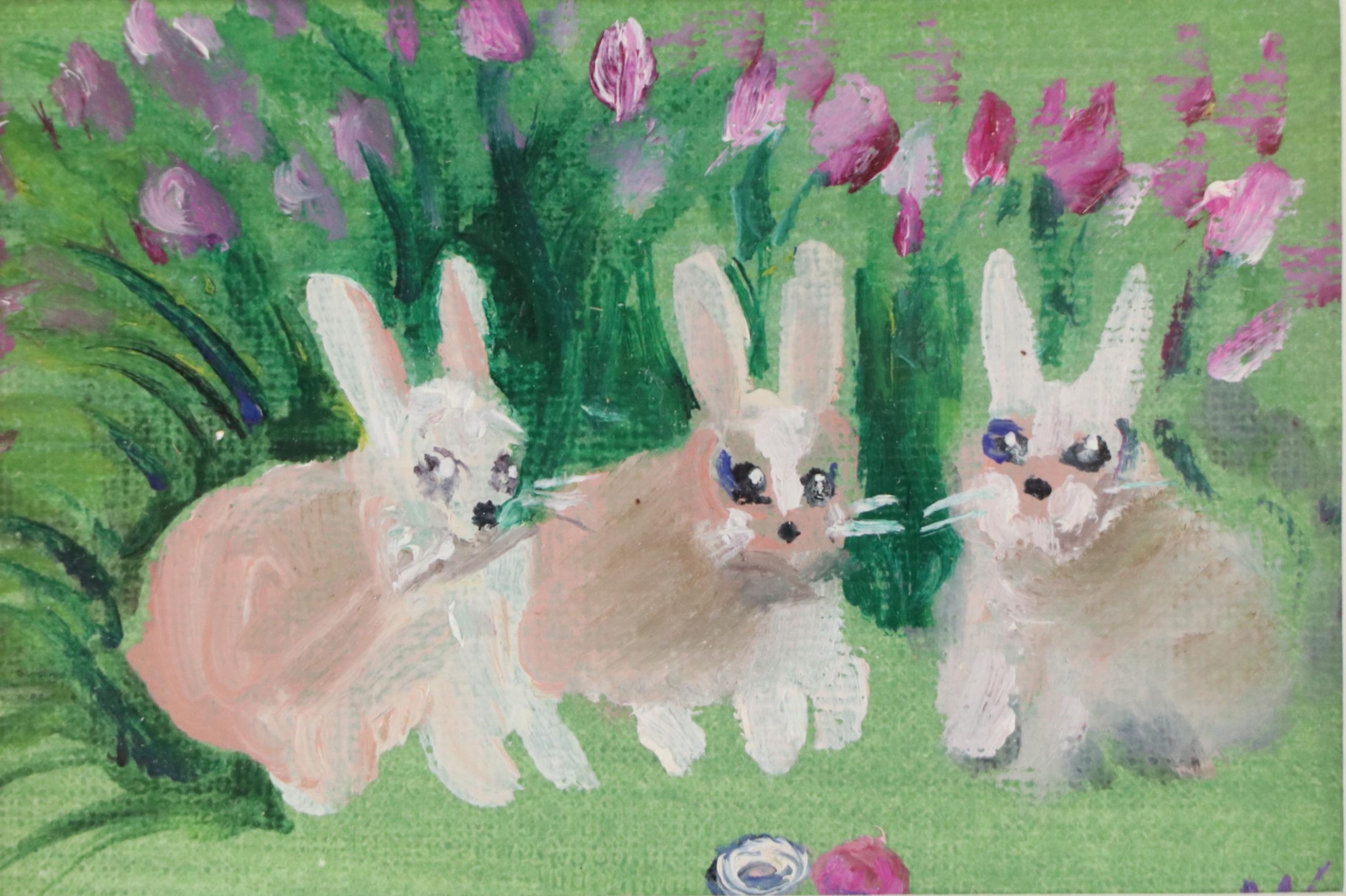 Miniature Stylized Oil Painting of Three Rabbits, 21st Century