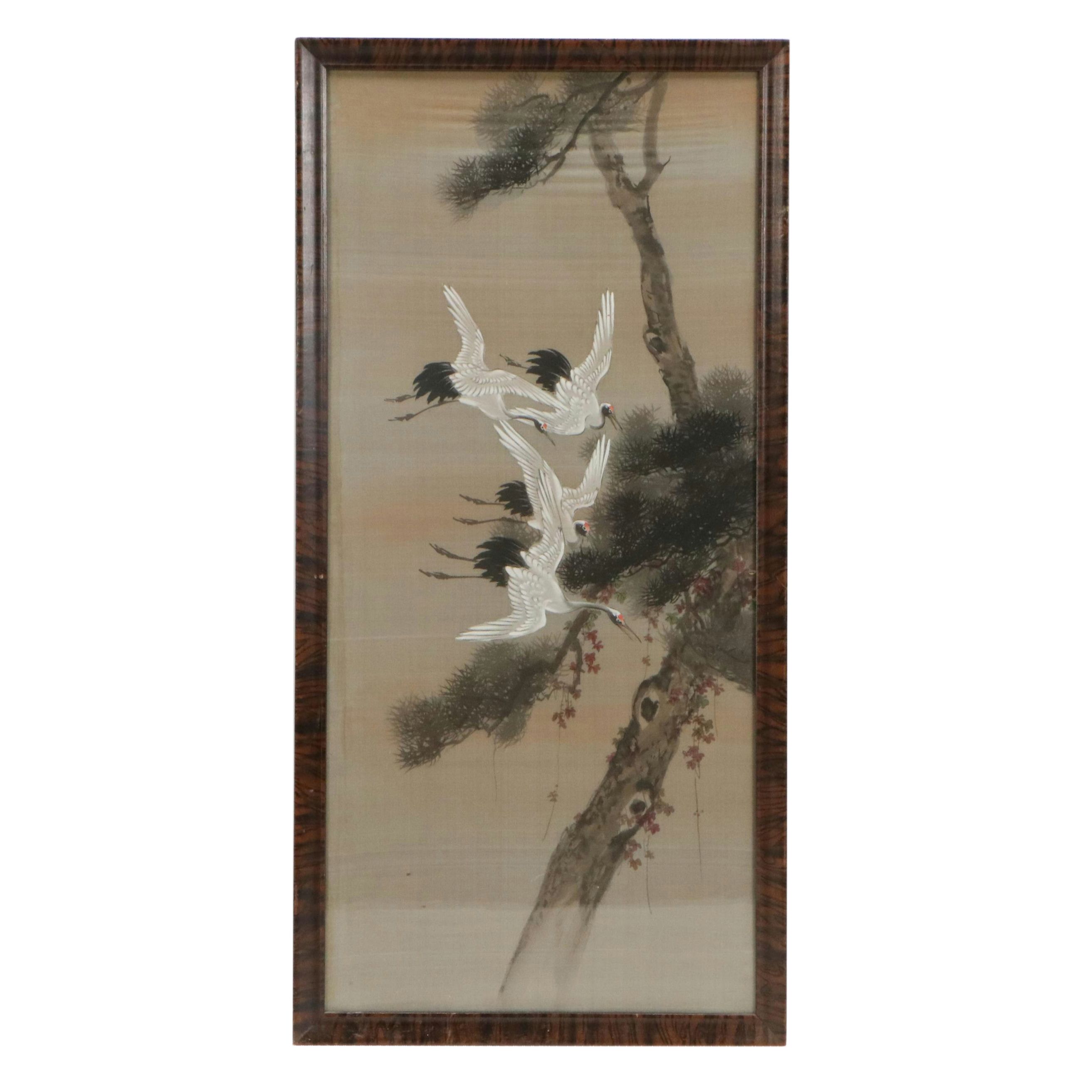 East Asian School Gouache Painting of Cranes and Pine Tree