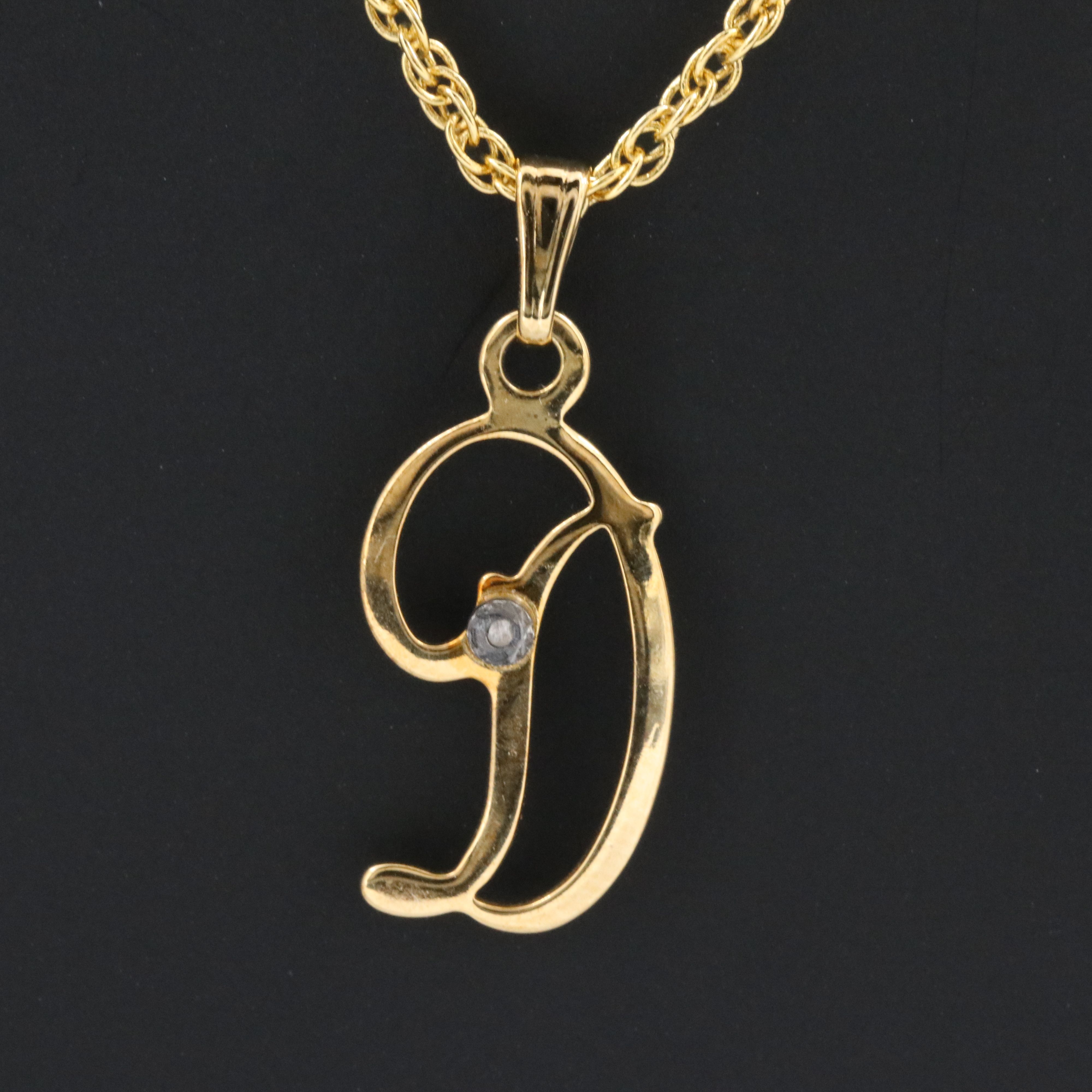 Cursive Letter "D" Pendant Necklace with Chip Diamond Accent
