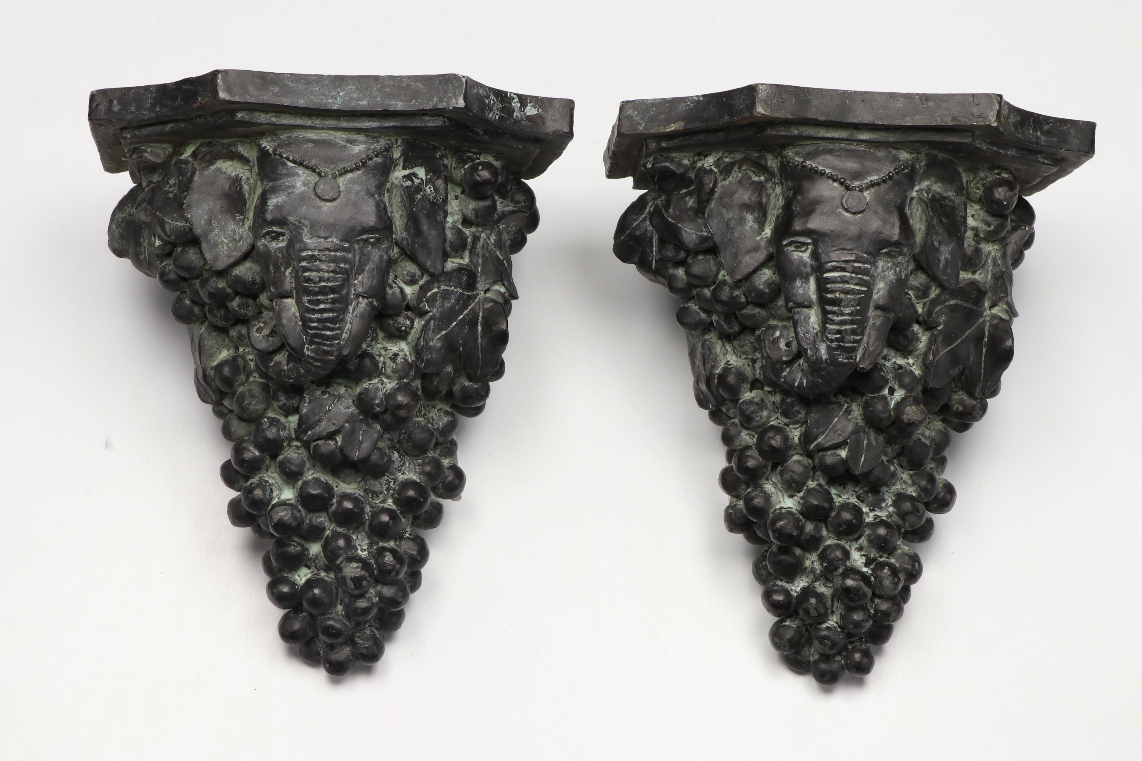 Brass Antelope Bookends, with Elephant and Grape Cluster Resin Wall Shelves