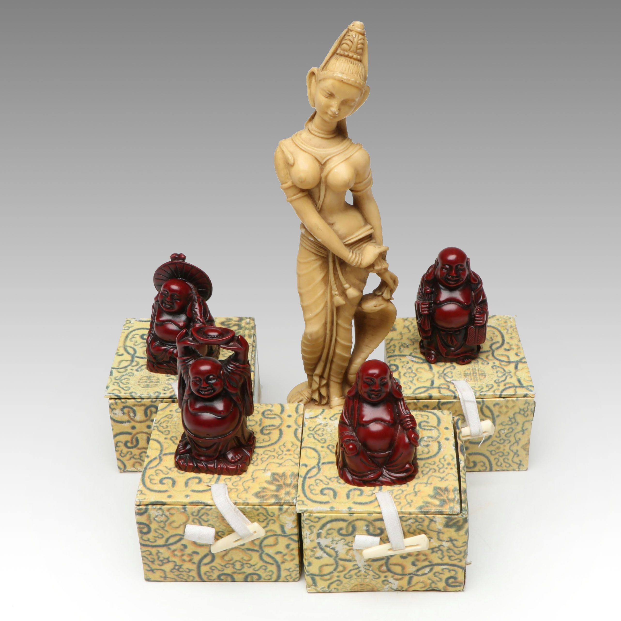 Mini Buddha and Hindu Goddess Lakshmi Carved Resin Figurines