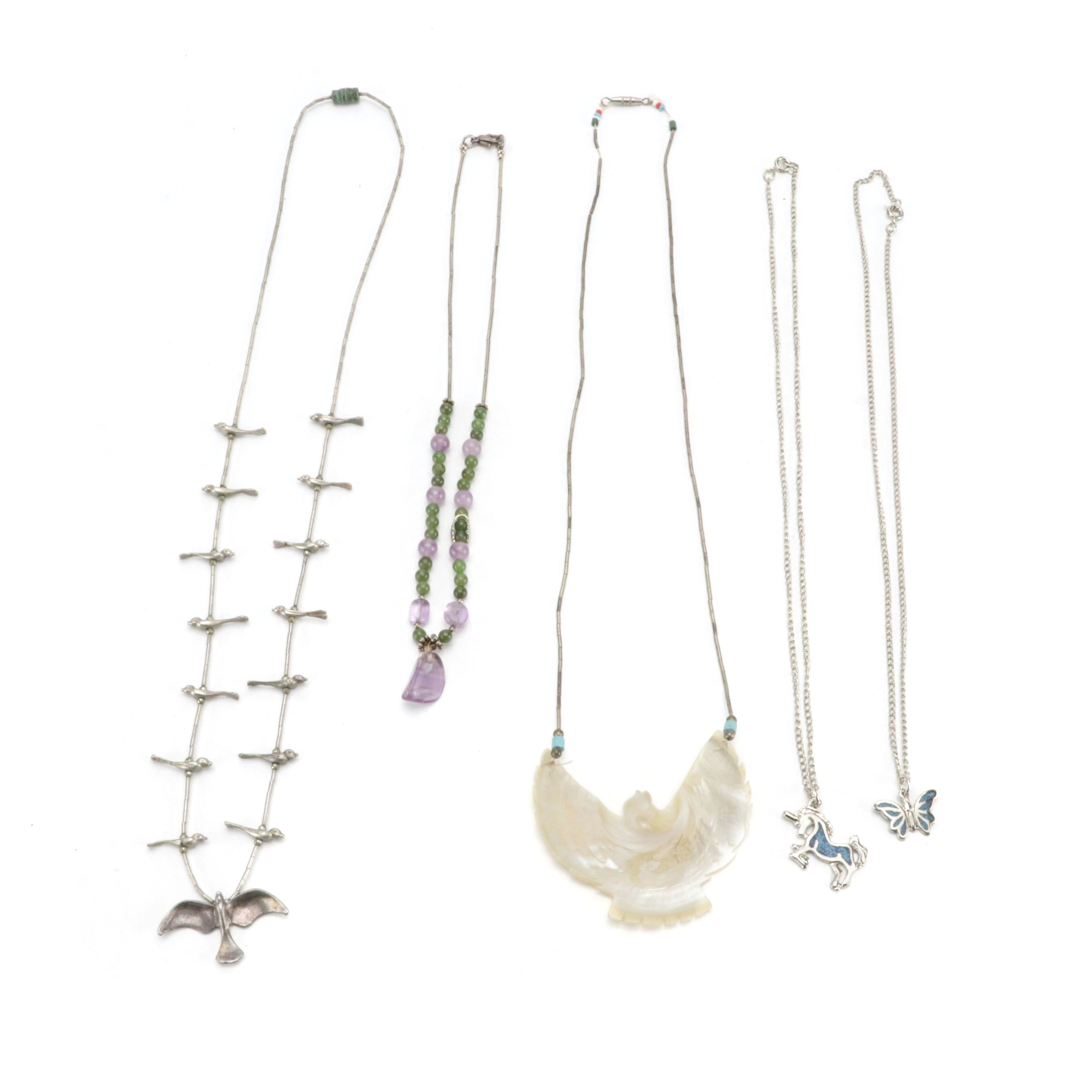 Mother of Pearl Spread Eagle, Silver Toned Dove, Butterfly and Other Necklaces