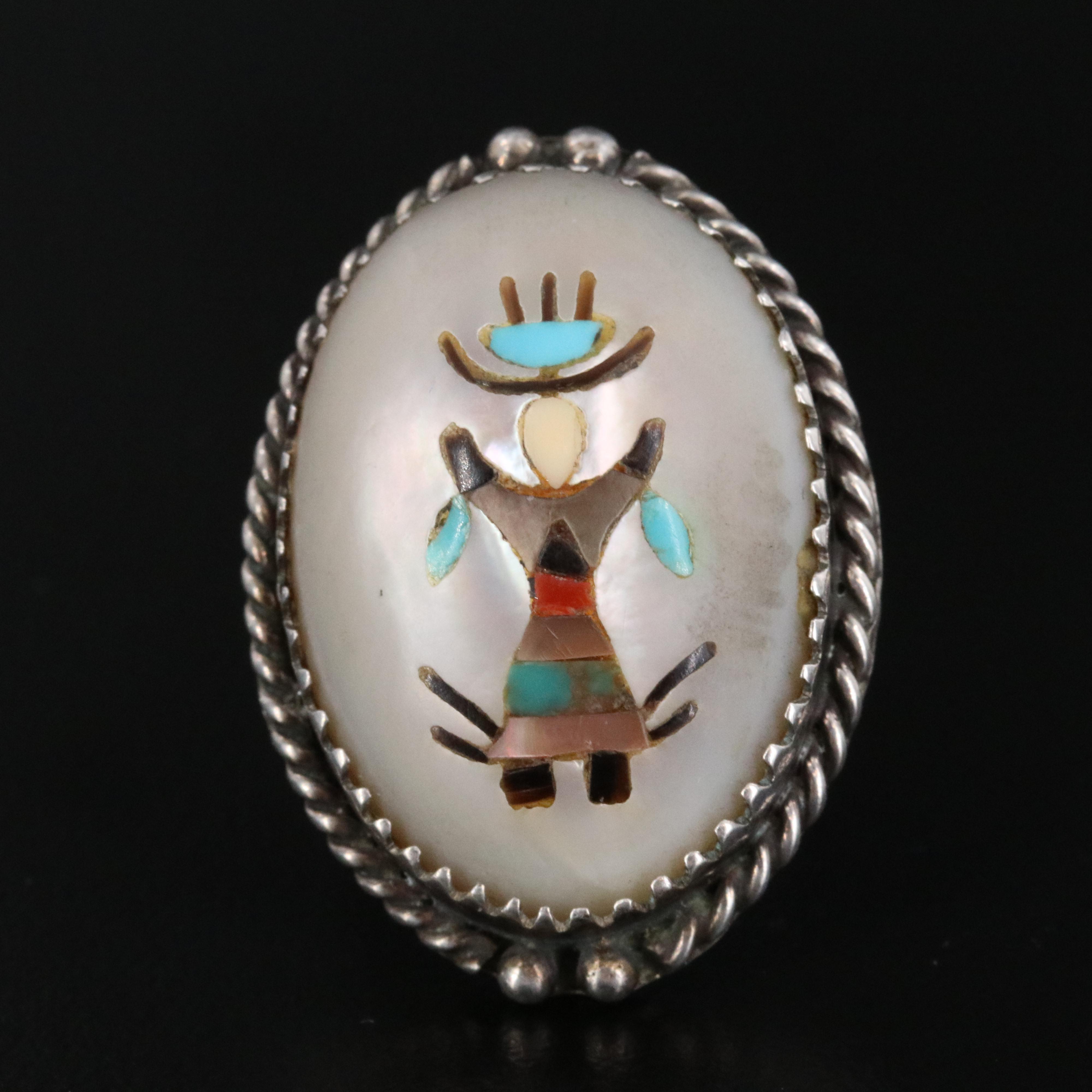Southwestern Sterling Mother-of-Pearl and Gemstone Inlay Gan Dancer Ring