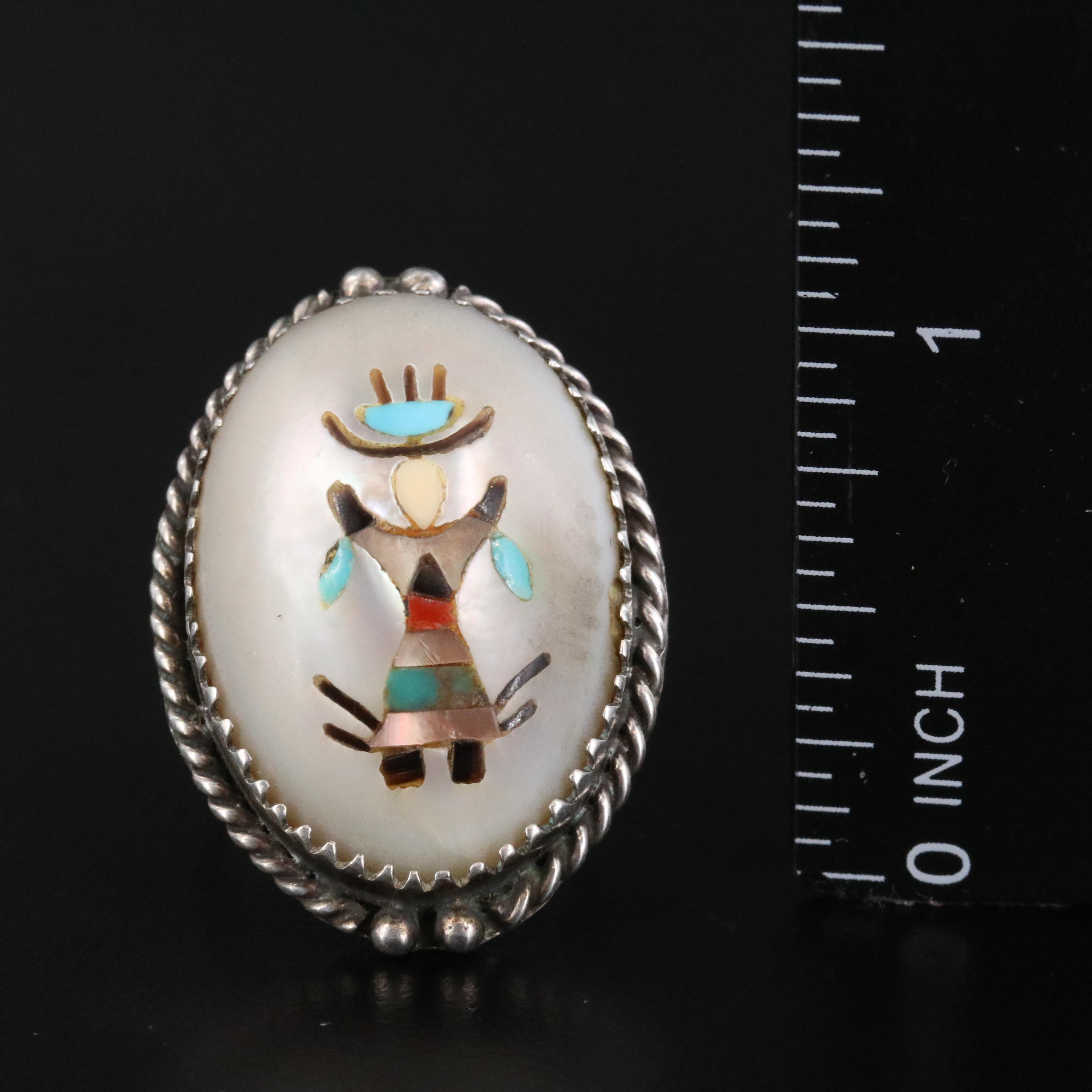 Southwestern Sterling Mother-of-Pearl and Gemstone Inlay Gan Dancer Ring