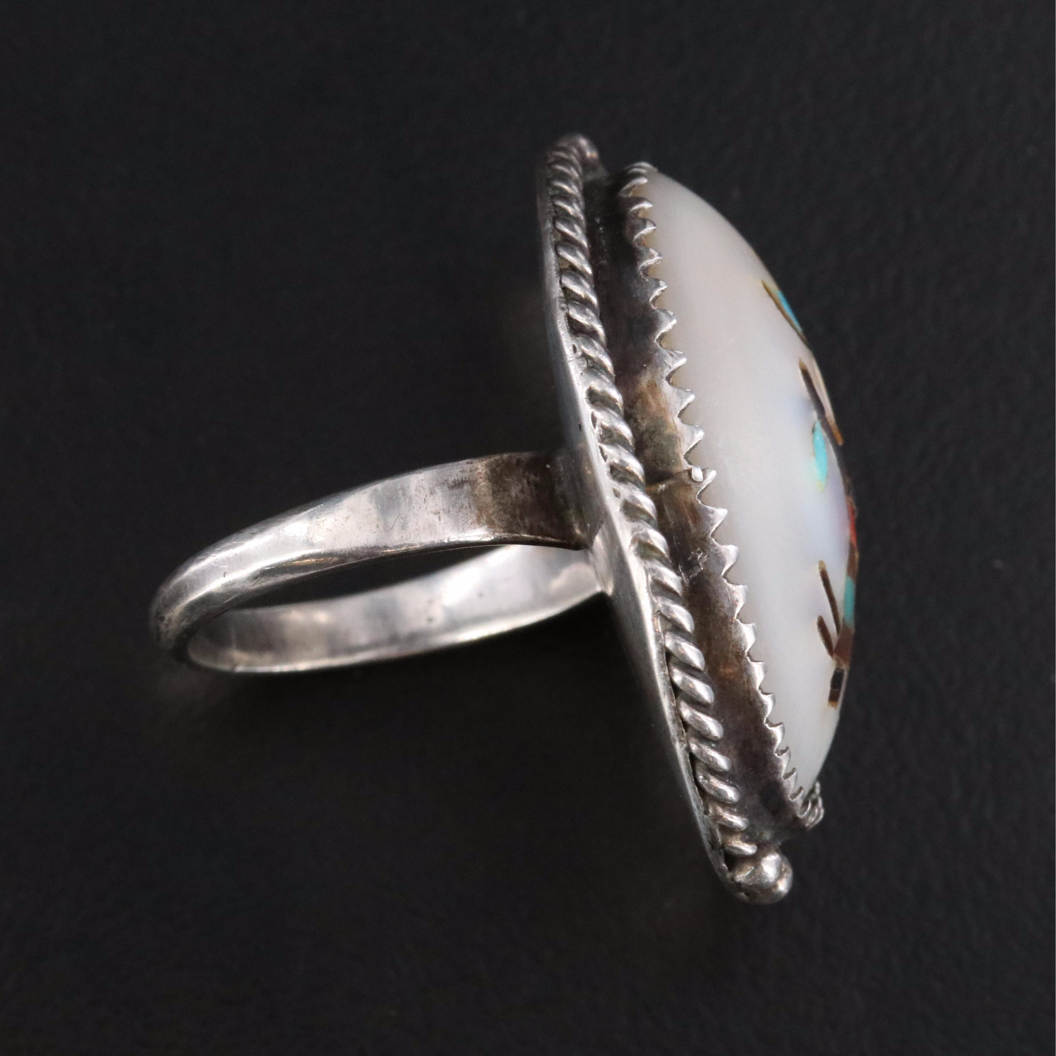 Southwestern Sterling Mother-of-Pearl and Gemstone Inlay Gan Dancer Ring