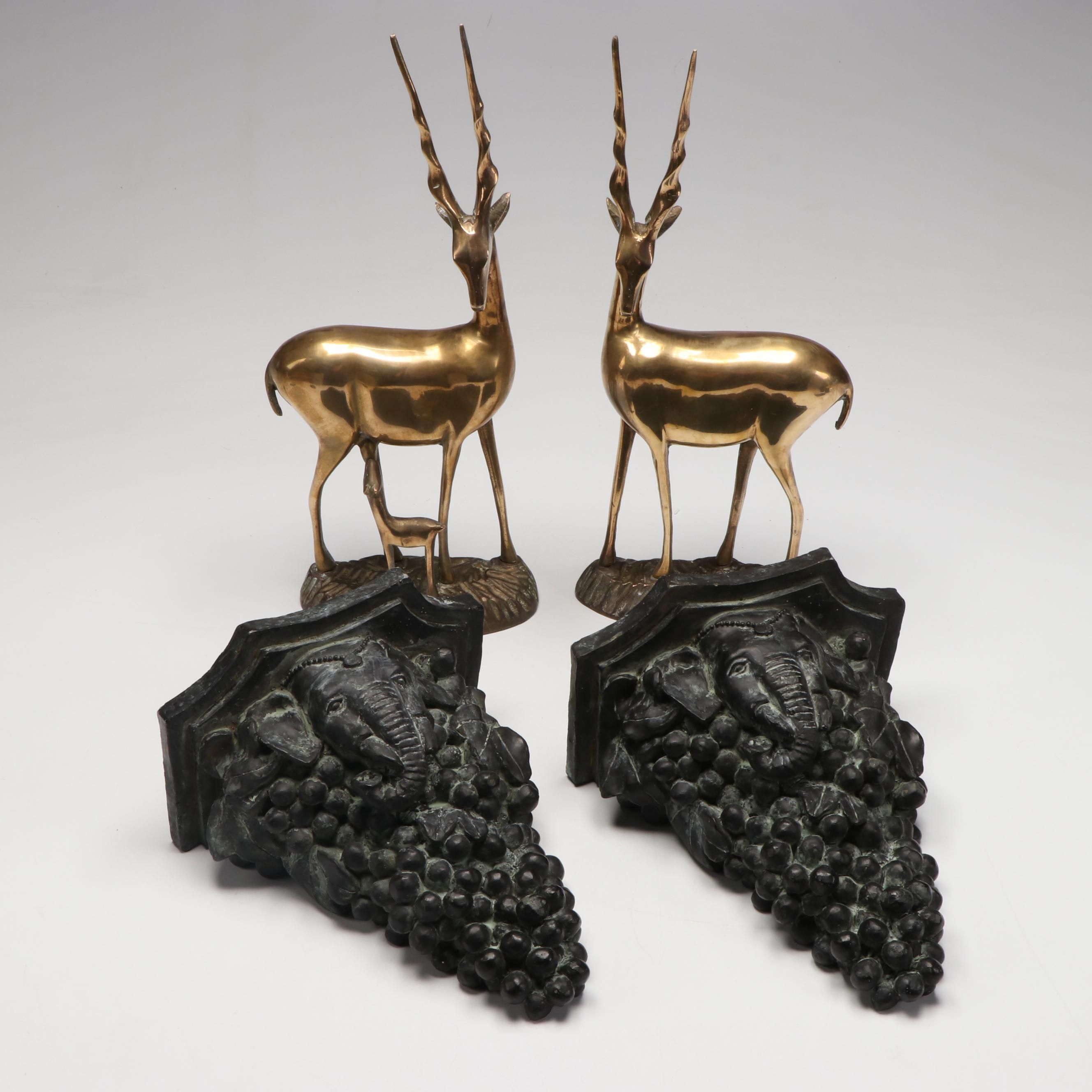 Brass Antelope Bookends, with Elephant and Grape Cluster Resin Wall Shelves