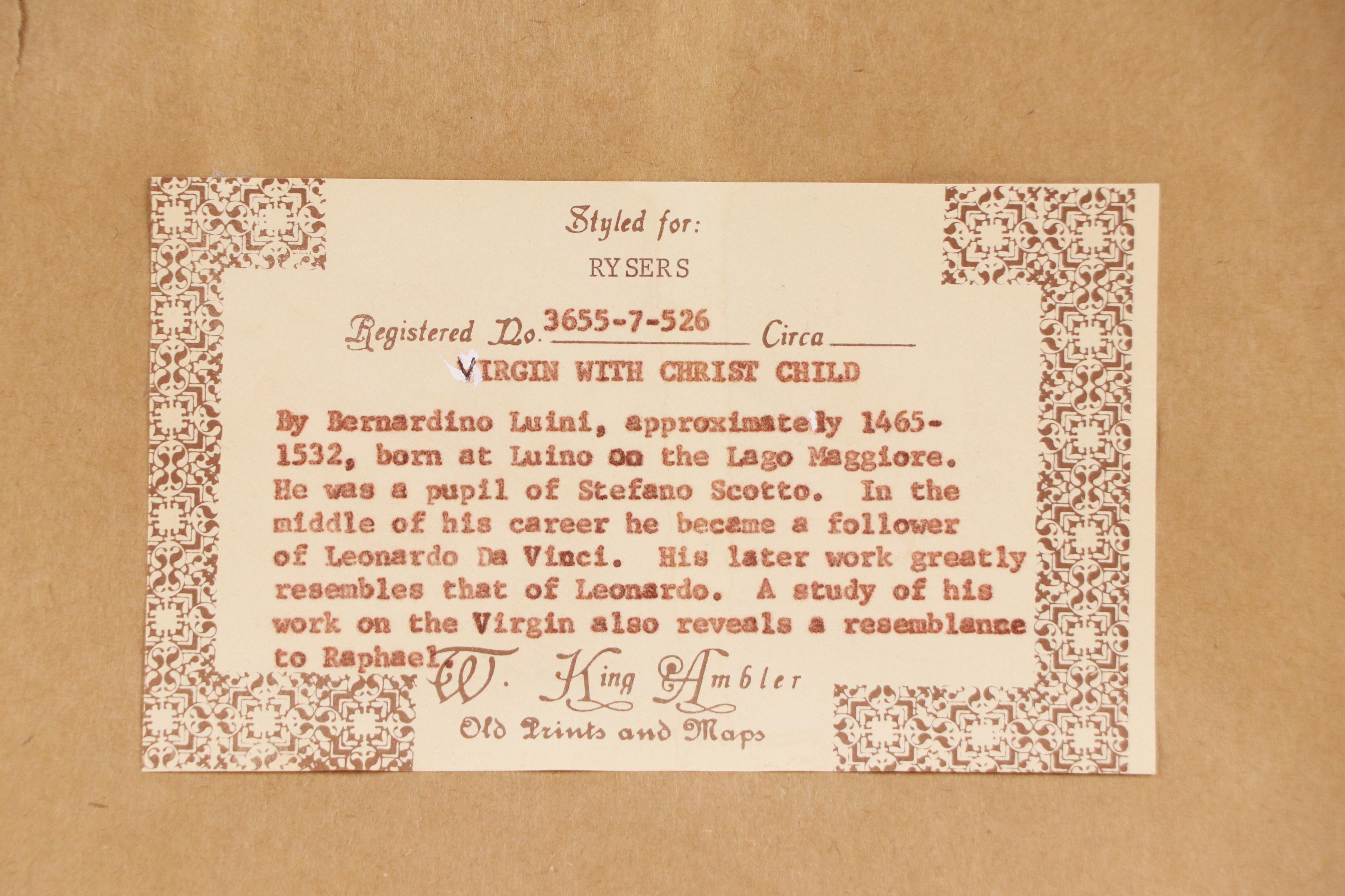 Offset Lithograph After Bernardino Luini "Virgin with Christ Child"