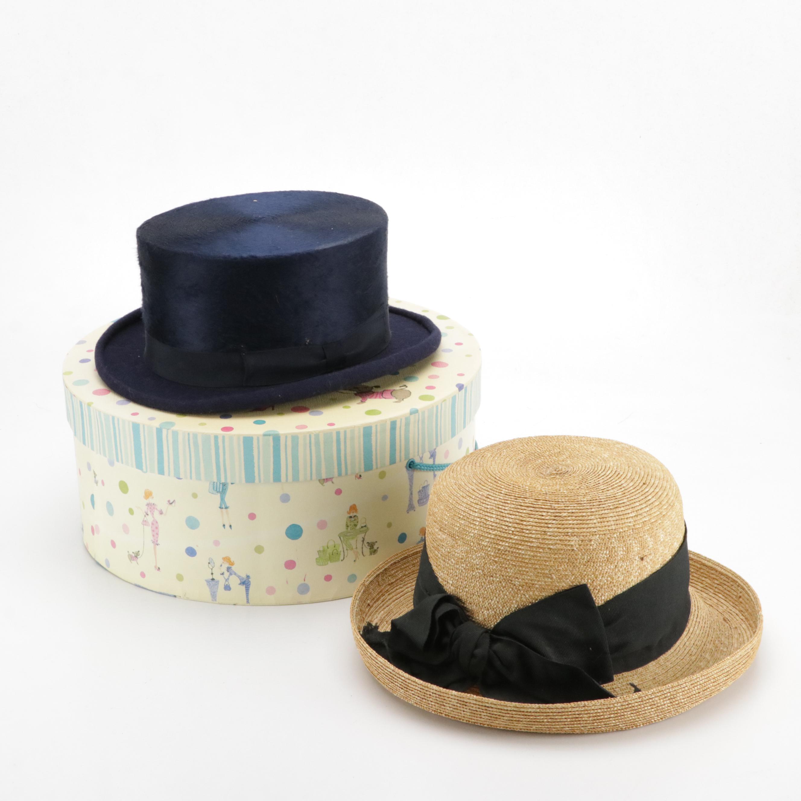 Grevi Mode Straw Breton Hat and Other Top Hat with Hat Box