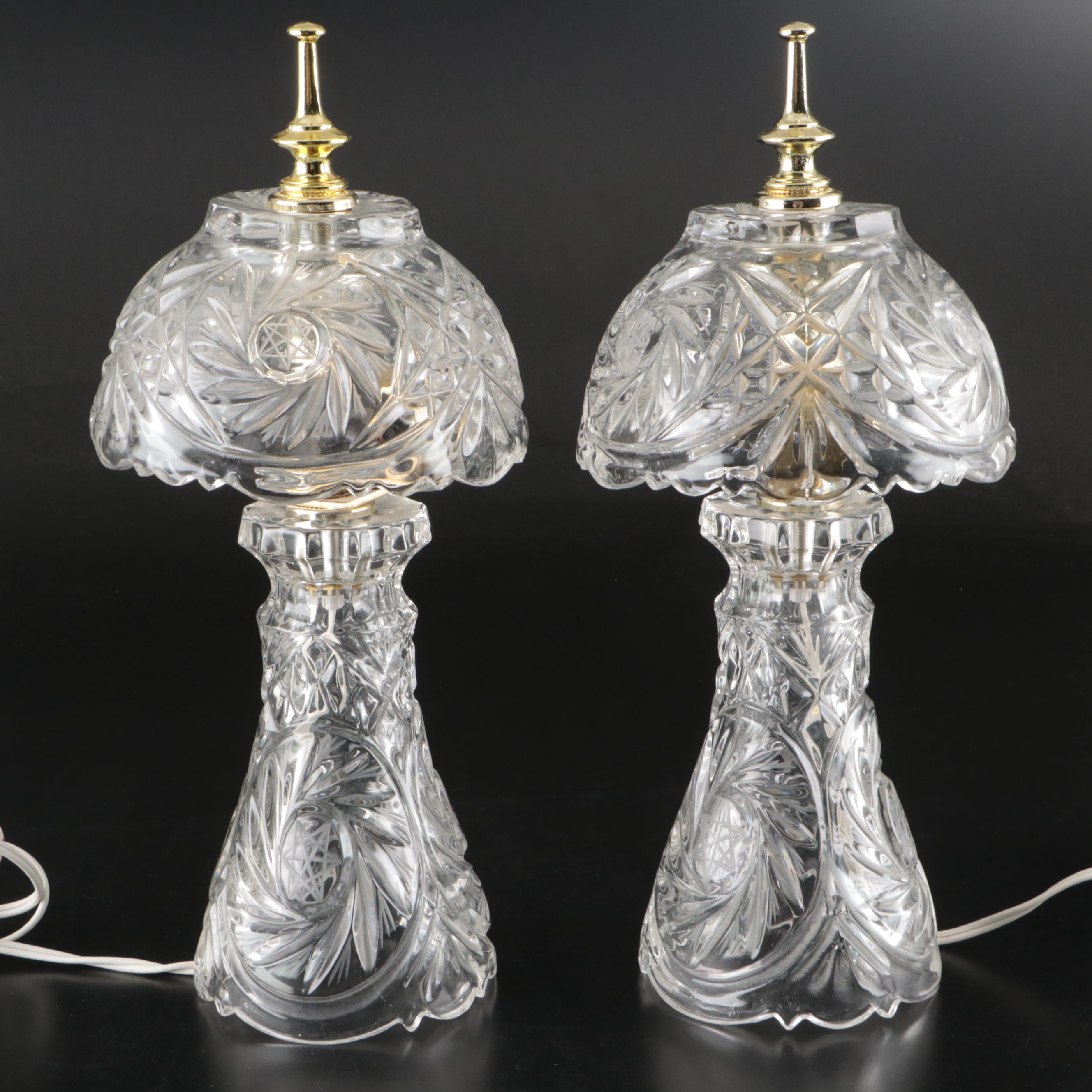 Pair of Pressed Glass Mushroom Boudoir Lamps, Vintage