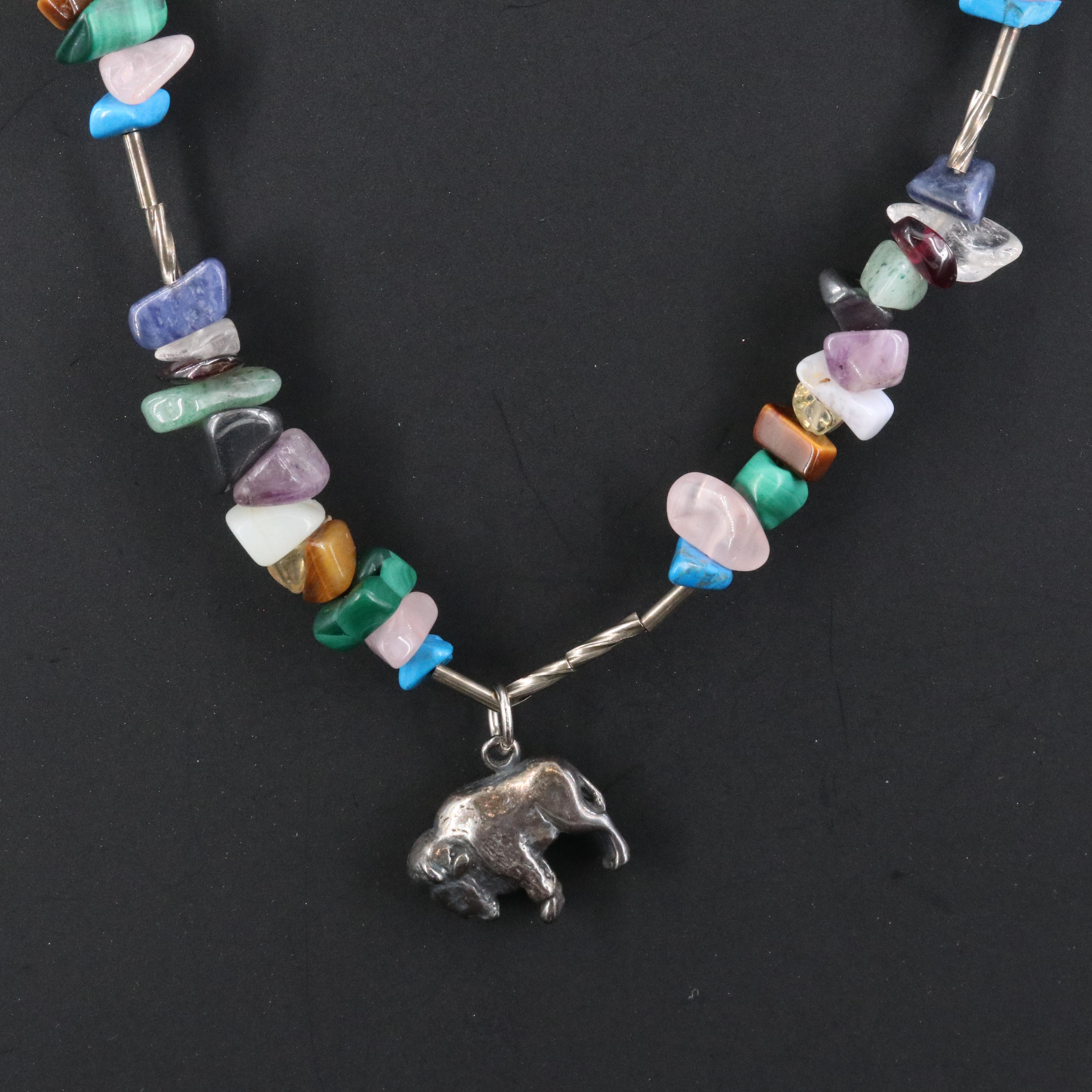 Malachite, Tiger's Eye and Gemstone Necklace with Sterling Bison Charm