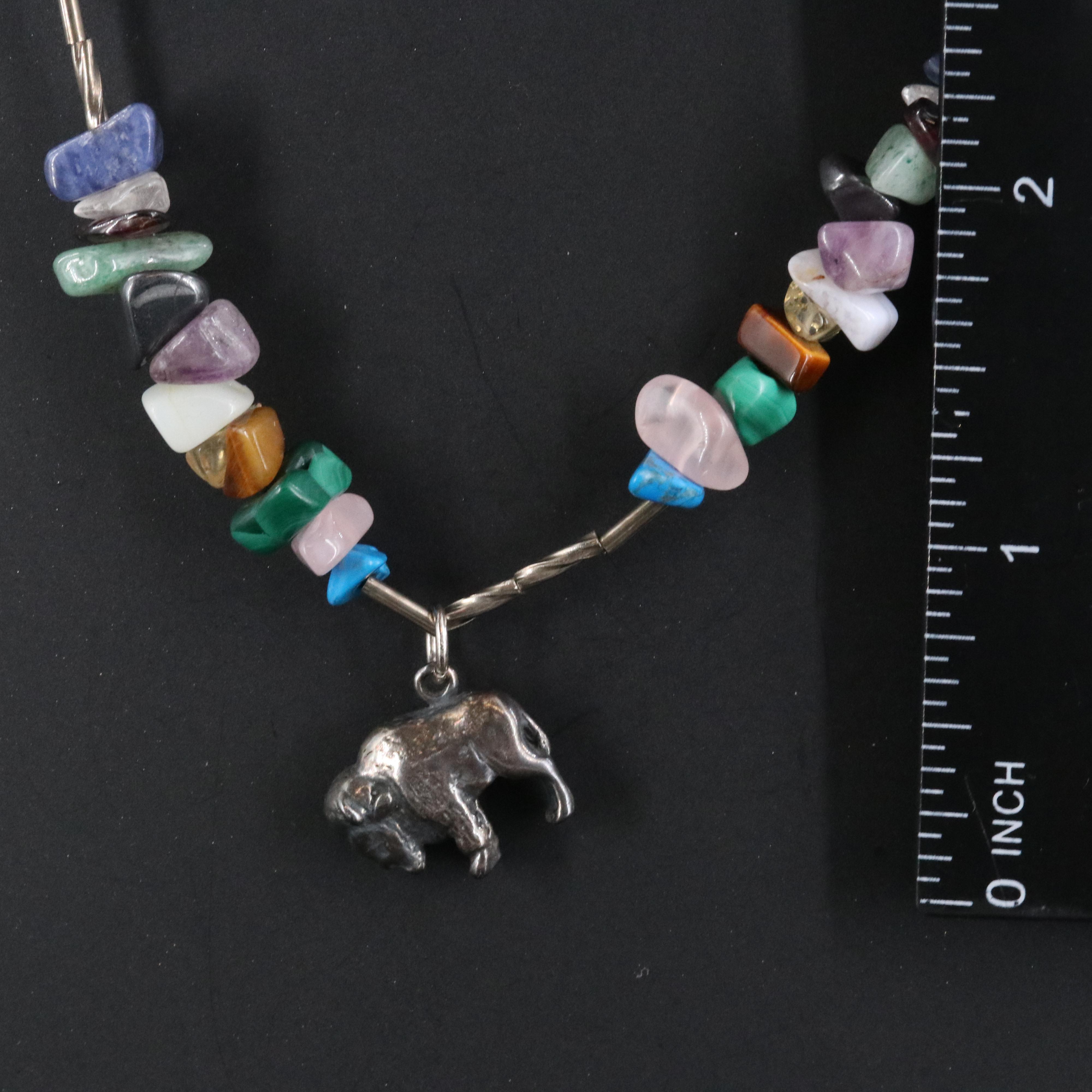 Malachite, Tiger's Eye and Gemstone Necklace with Sterling Bison Charm