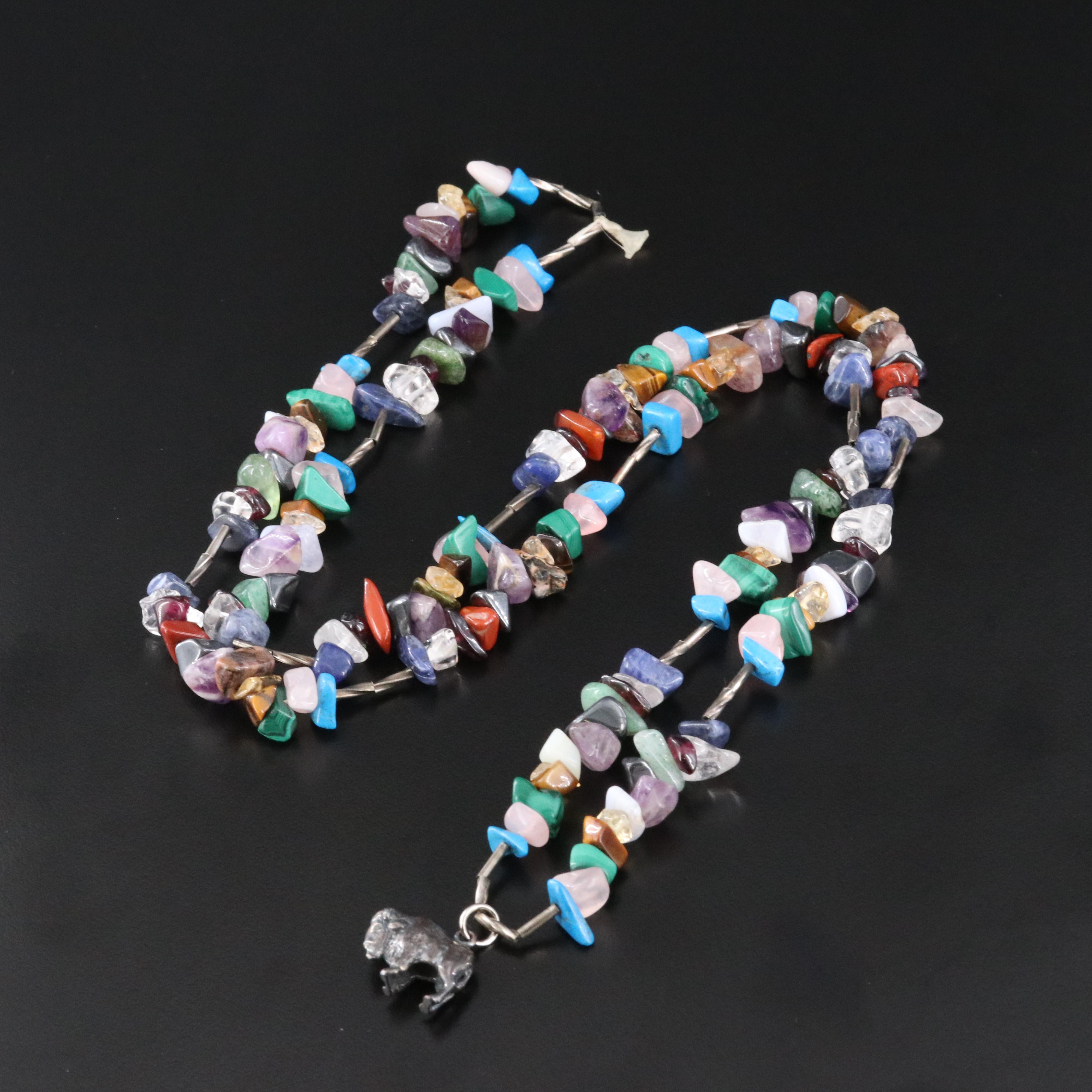 Malachite, Tiger's Eye and Gemstone Necklace with Sterling Bison Charm