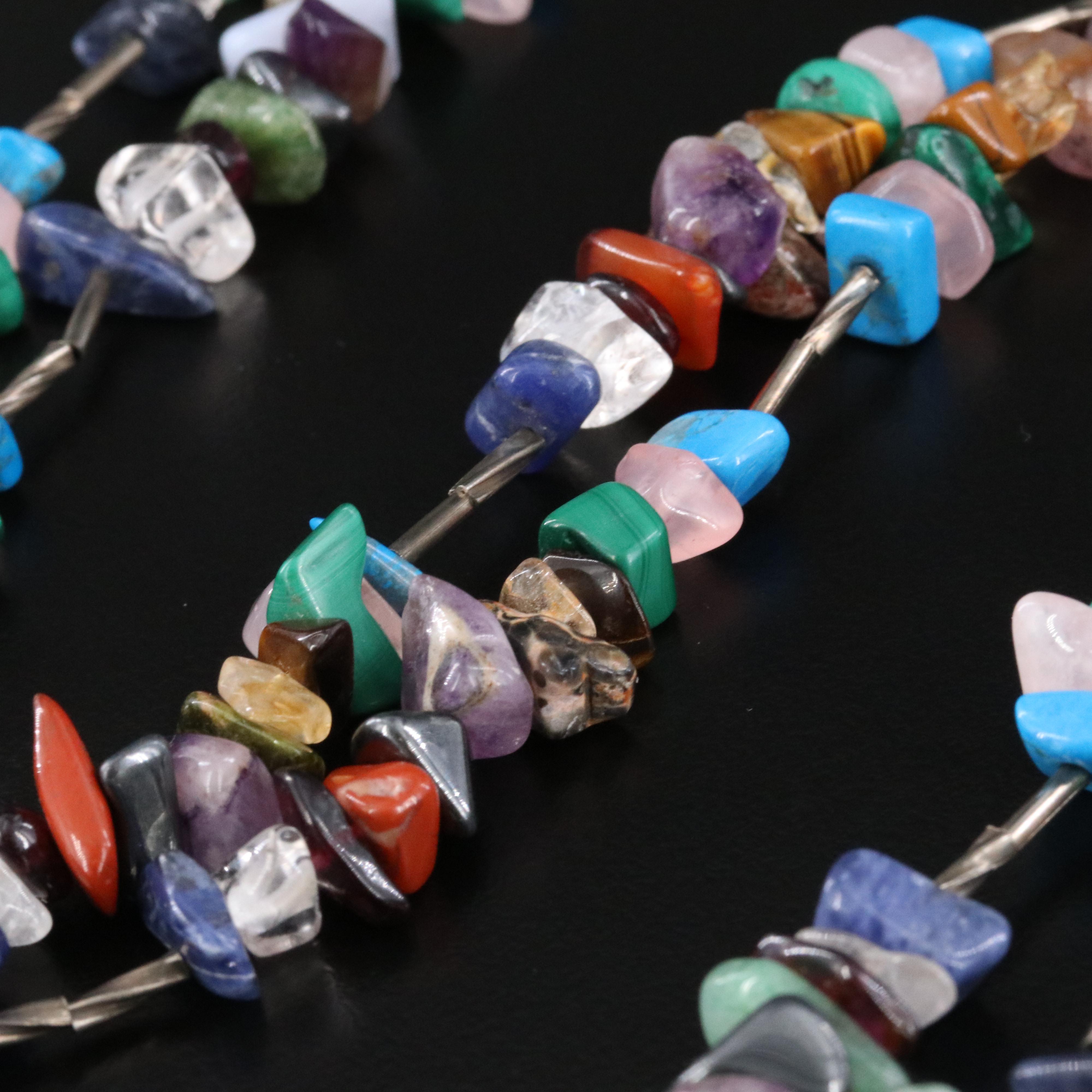 Malachite, Tiger's Eye and Gemstone Necklace with Sterling Bison Charm