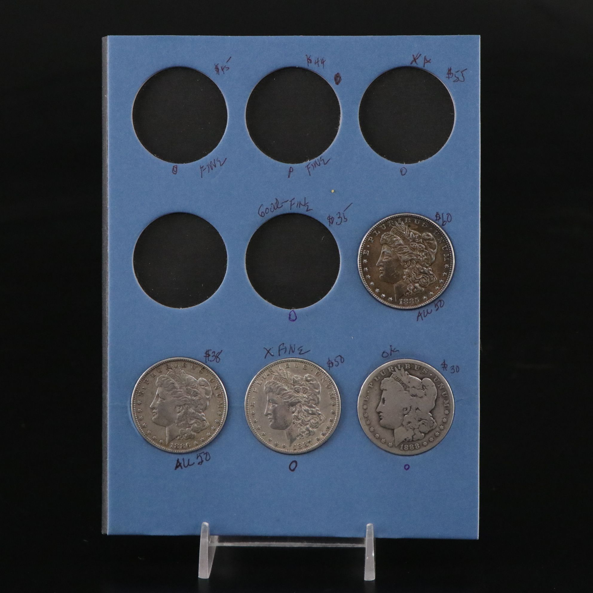 Four U.S. Morgan Silver Dollar Coins, Late 19th Century