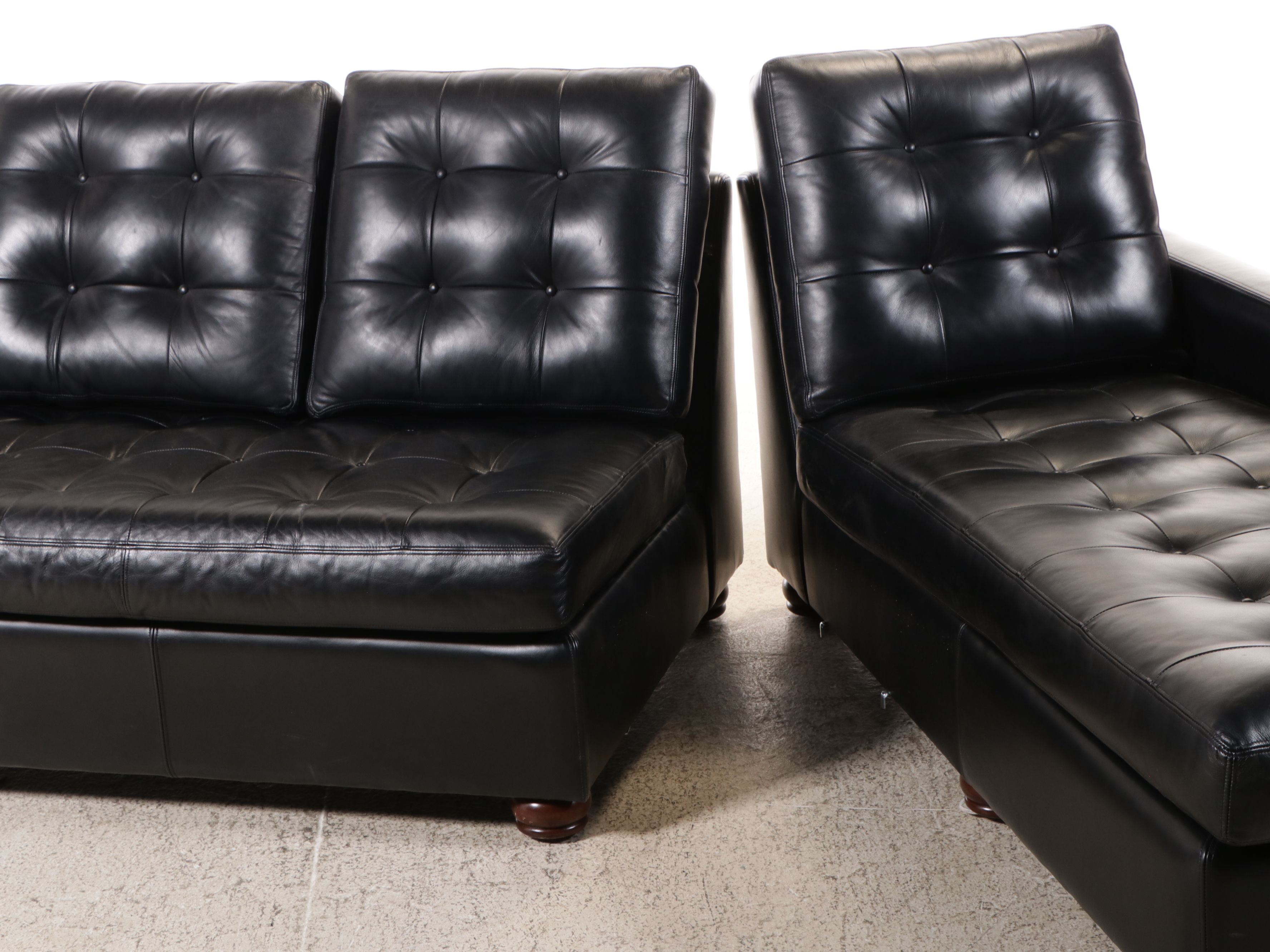 Hancock & Moore Button-Tufted Black Leather Upholstered Sectional Sofa
