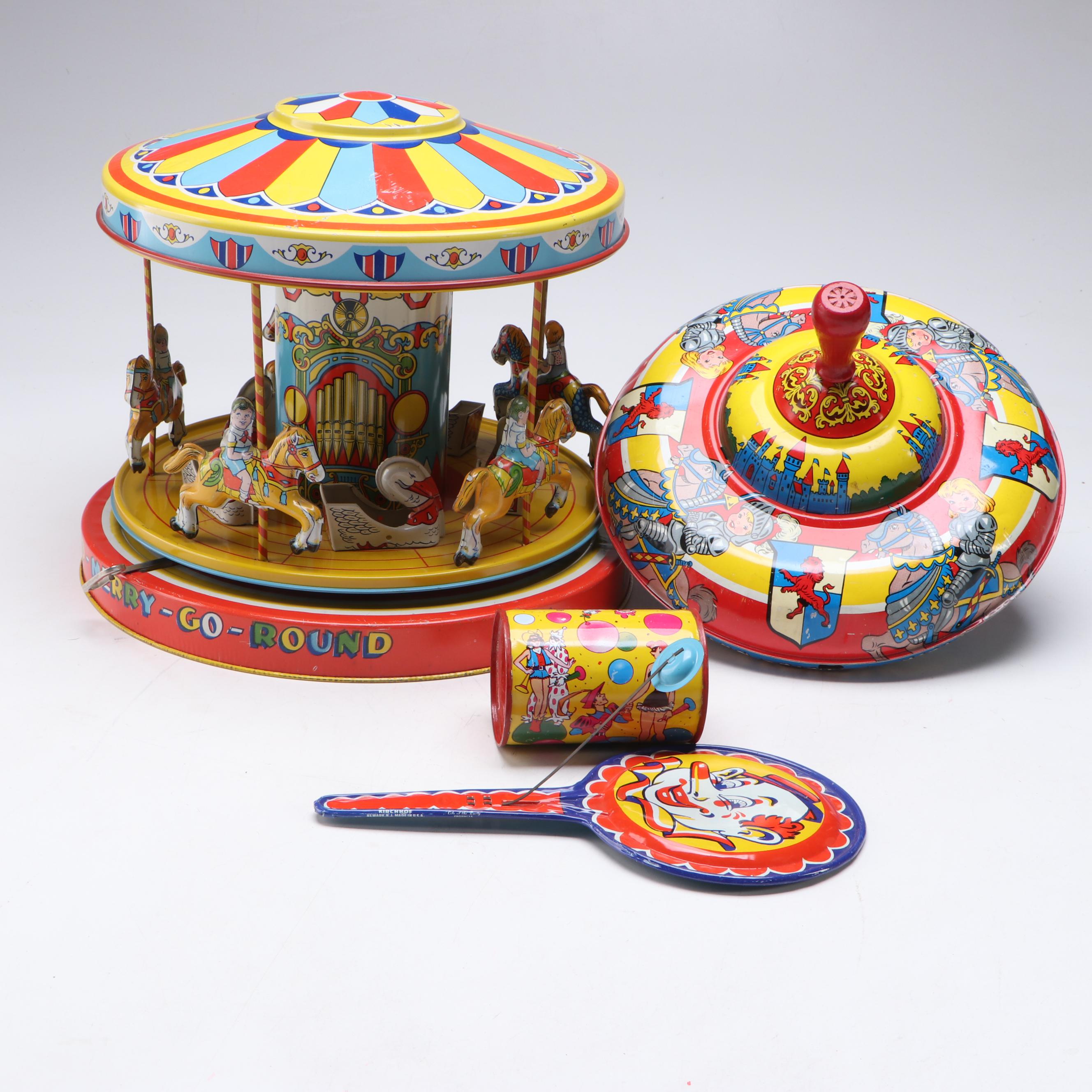 J. Chein & Co. Vintage Wind-Up Tin Merry-Go Round, and Other Tin Toys