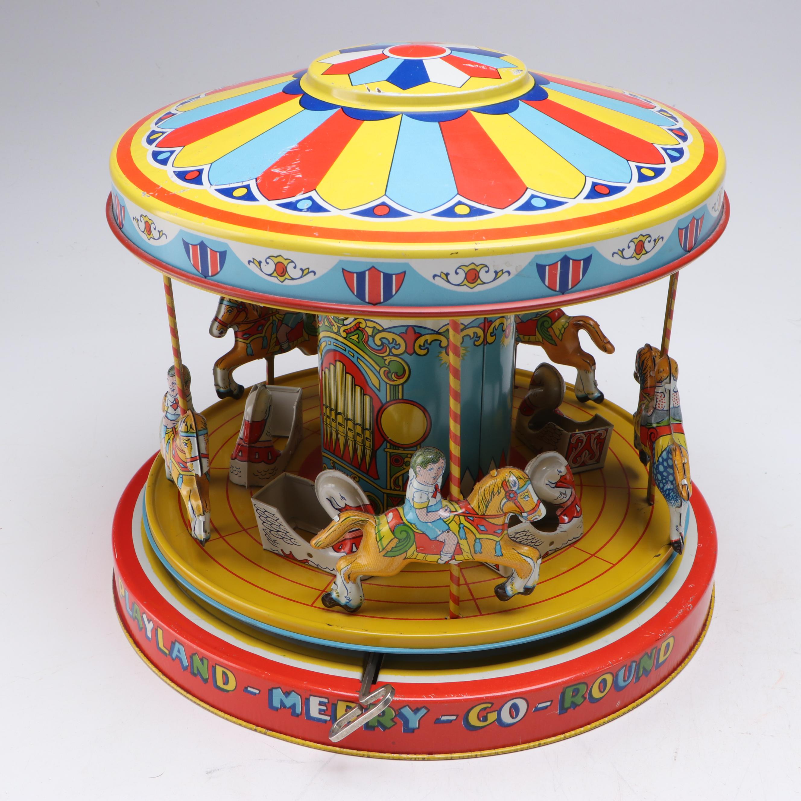 J. Chein & Co. Vintage Wind-Up Tin Merry-Go Round, and Other Tin Toys