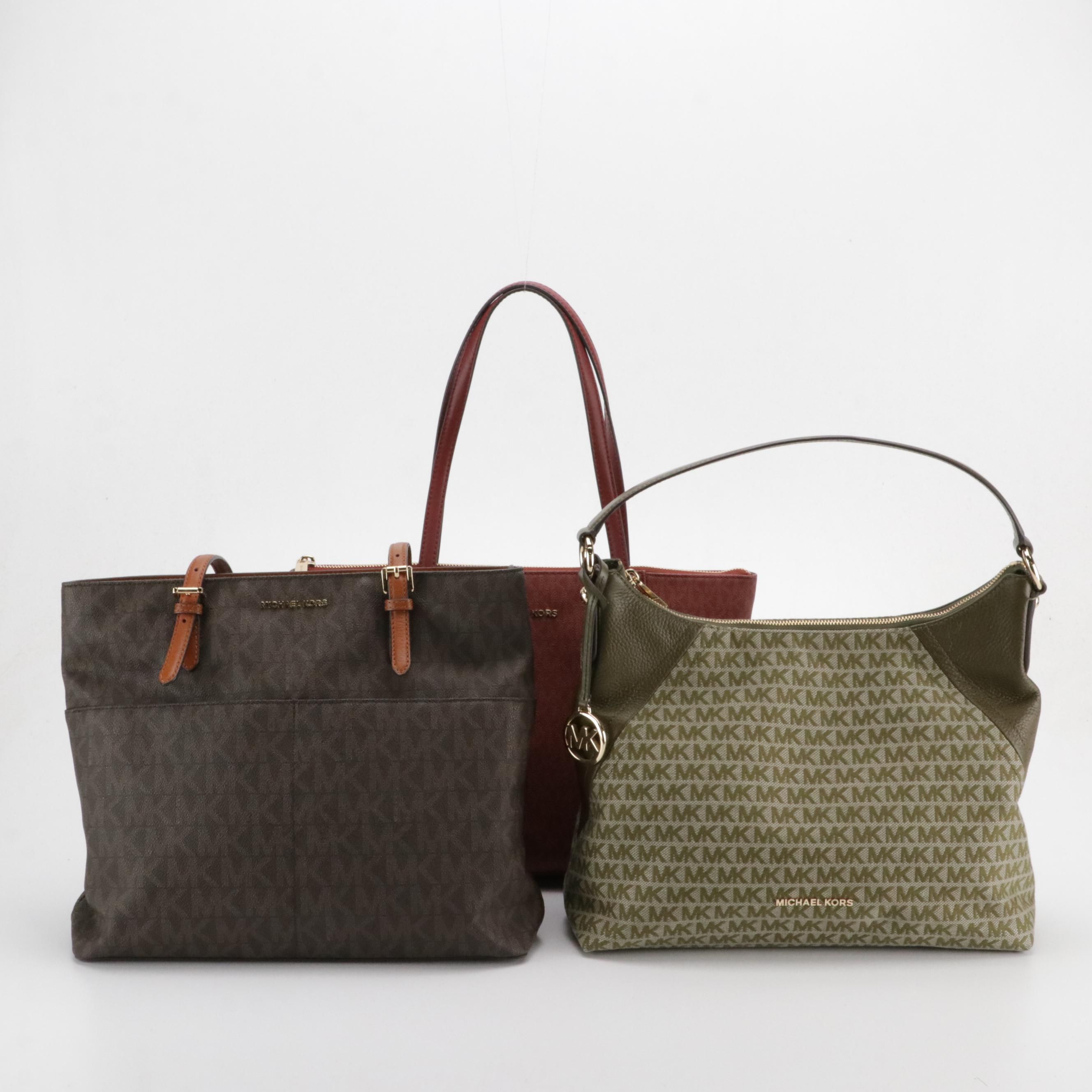 Michael Kors Red Jet Set Zip Tote, Olive Green Hobo Bag & Signature Canvas Tote