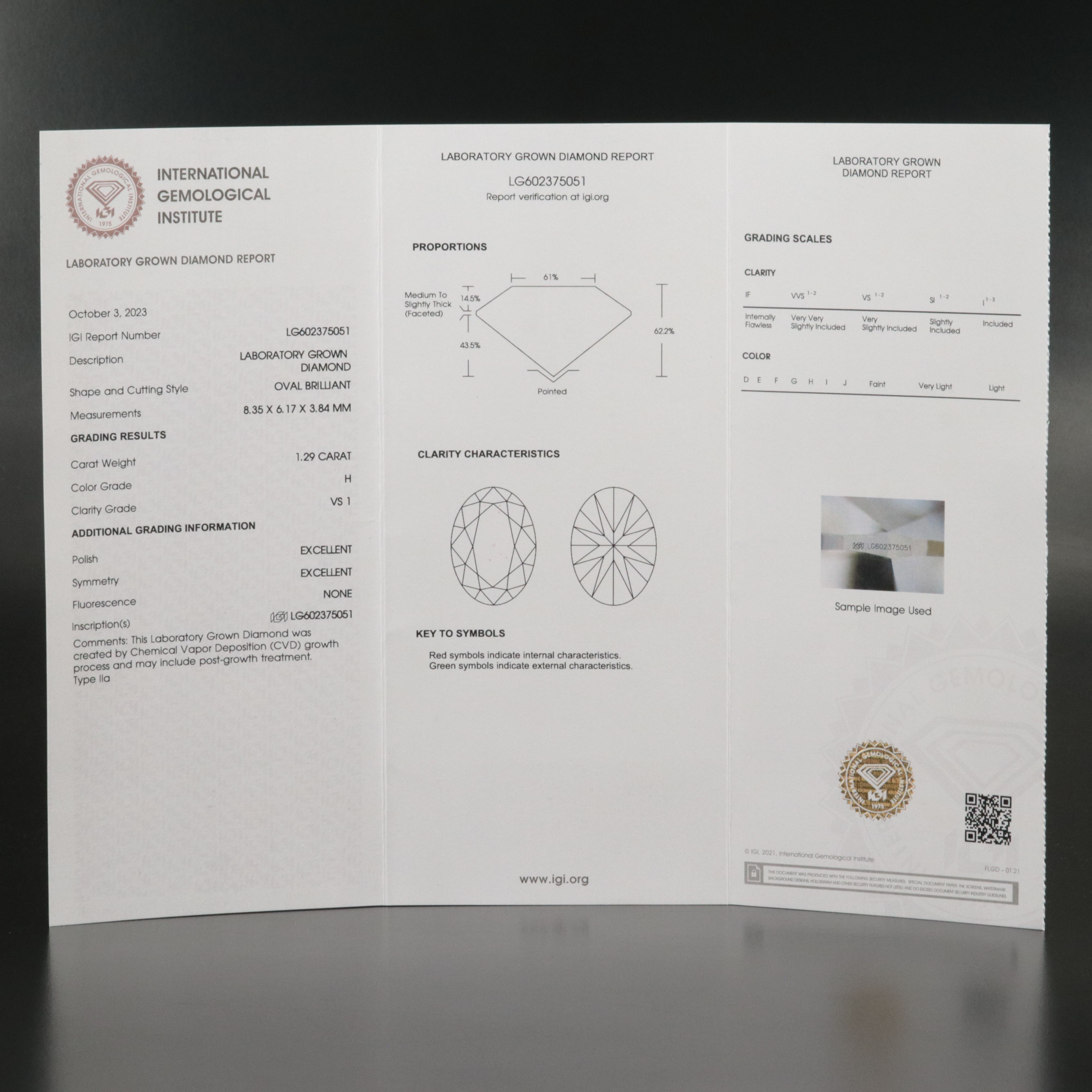 Loose 1.29 CT Lab Grown Diamond with IGI Report