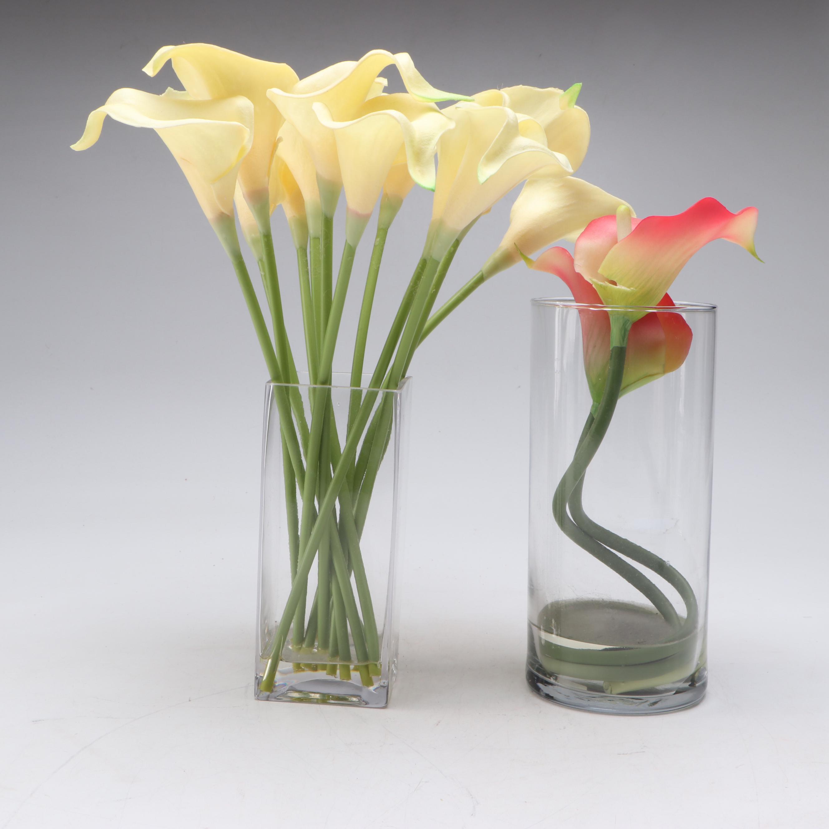 Faux Pink Roses & Peony Bouquet with Yellow and Pink Calla Lilies in Vase