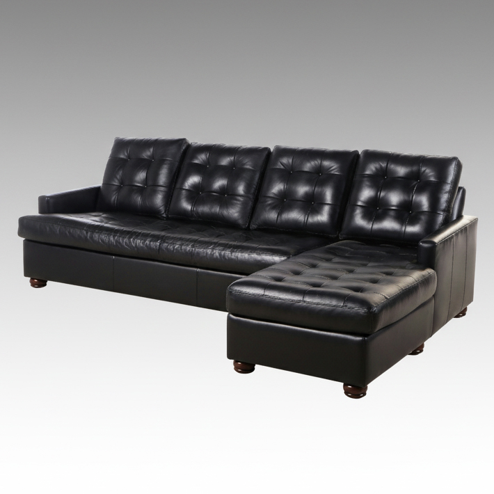 Hancock & Moore Button-Tufted Black Leather Upholstered Sectional Sofa
