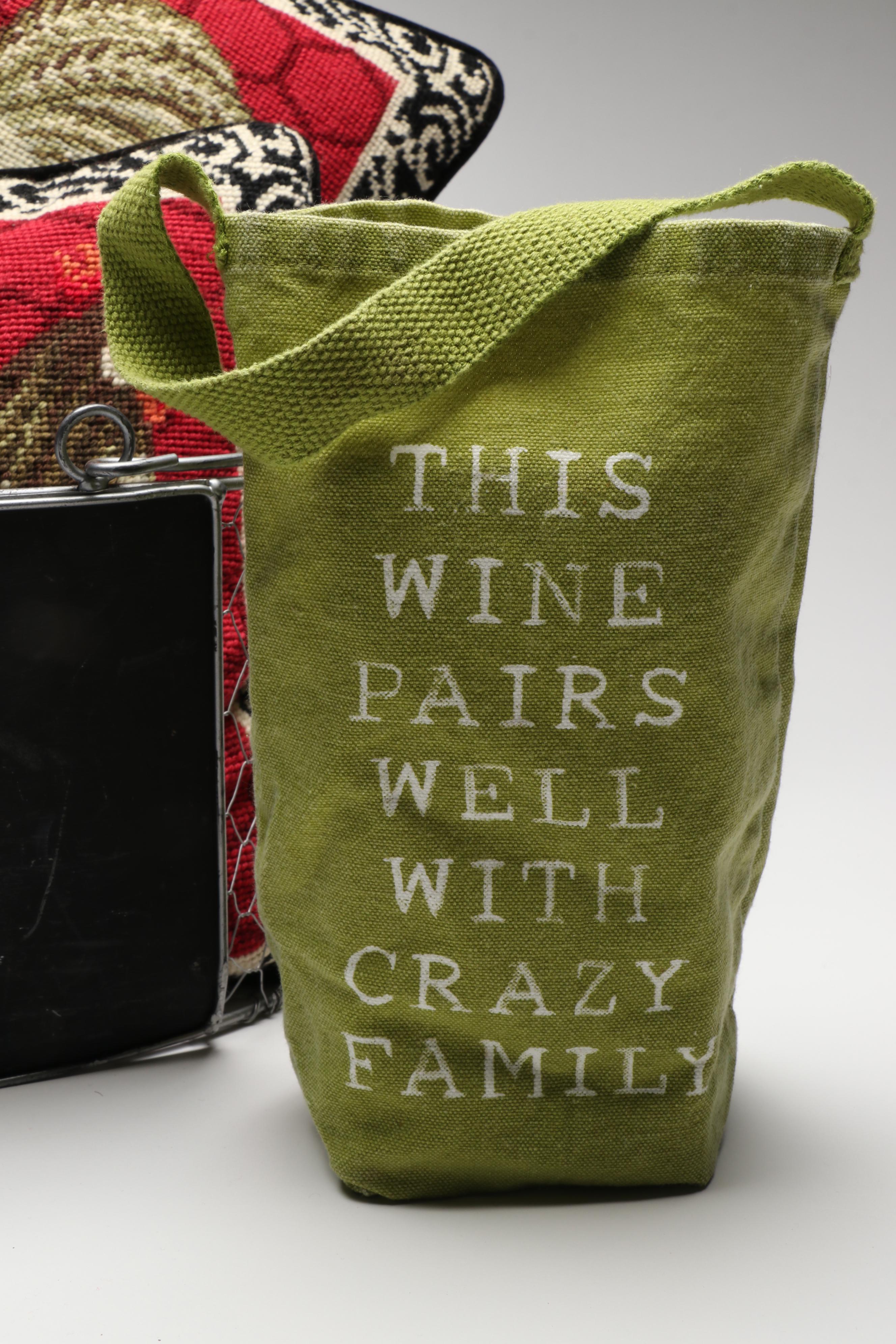 Pair of Needlepoint Rooster Throw Pillows, Wine Bags, and Contemporary Décor