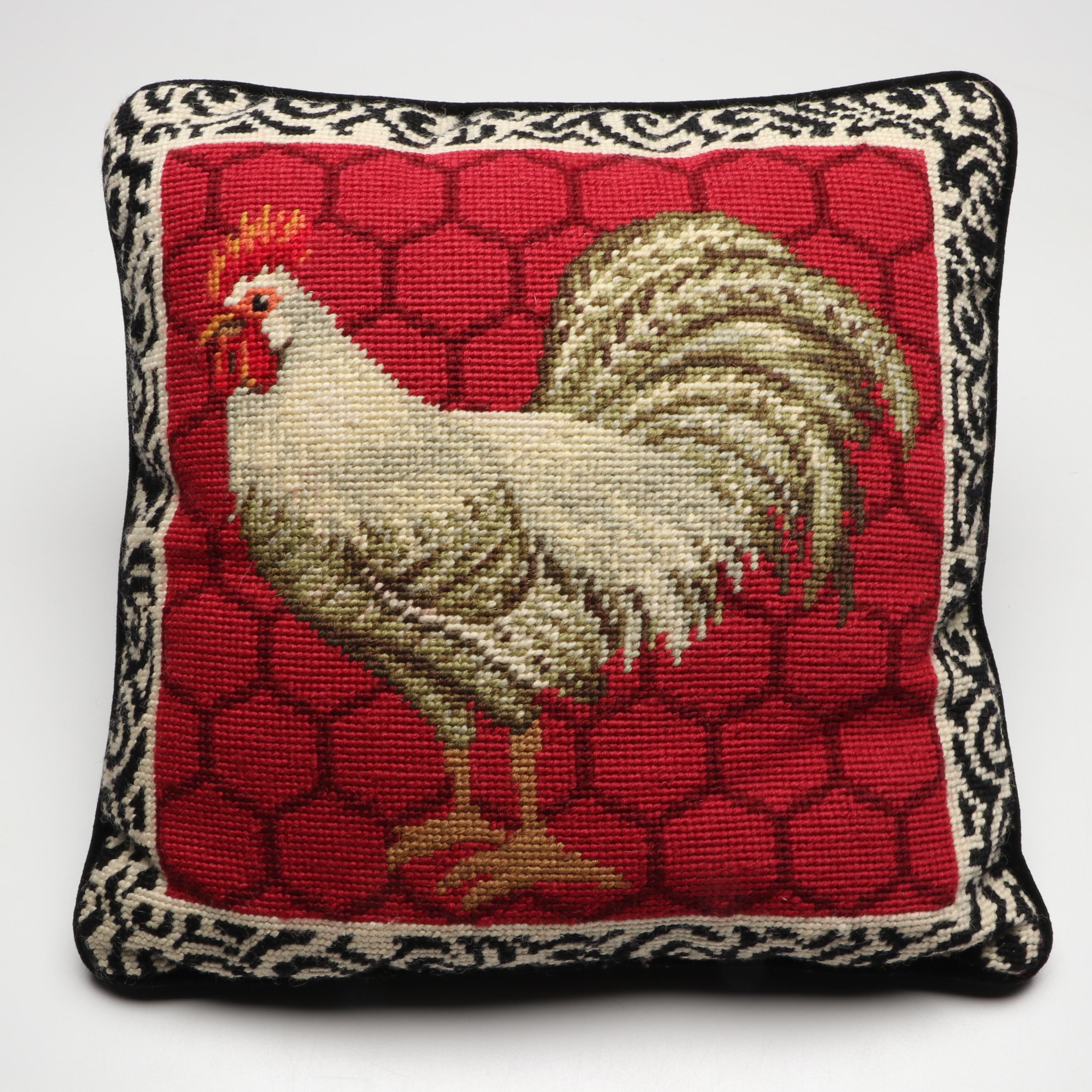 Pair of Needlepoint Rooster Throw Pillows, Wine Bags, and Contemporary Décor