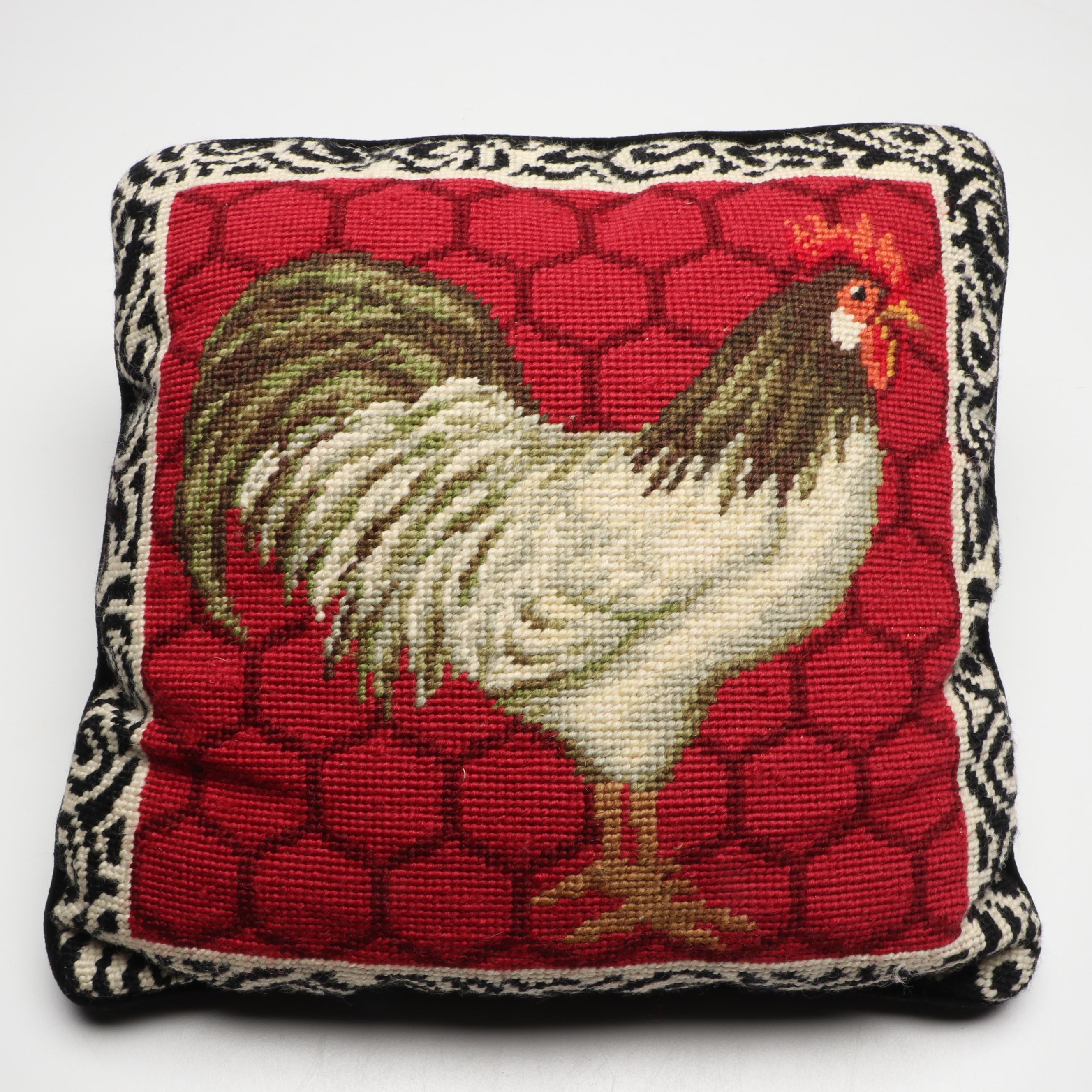 Pair of Needlepoint Rooster Throw Pillows, Wine Bags, and Contemporary Décor