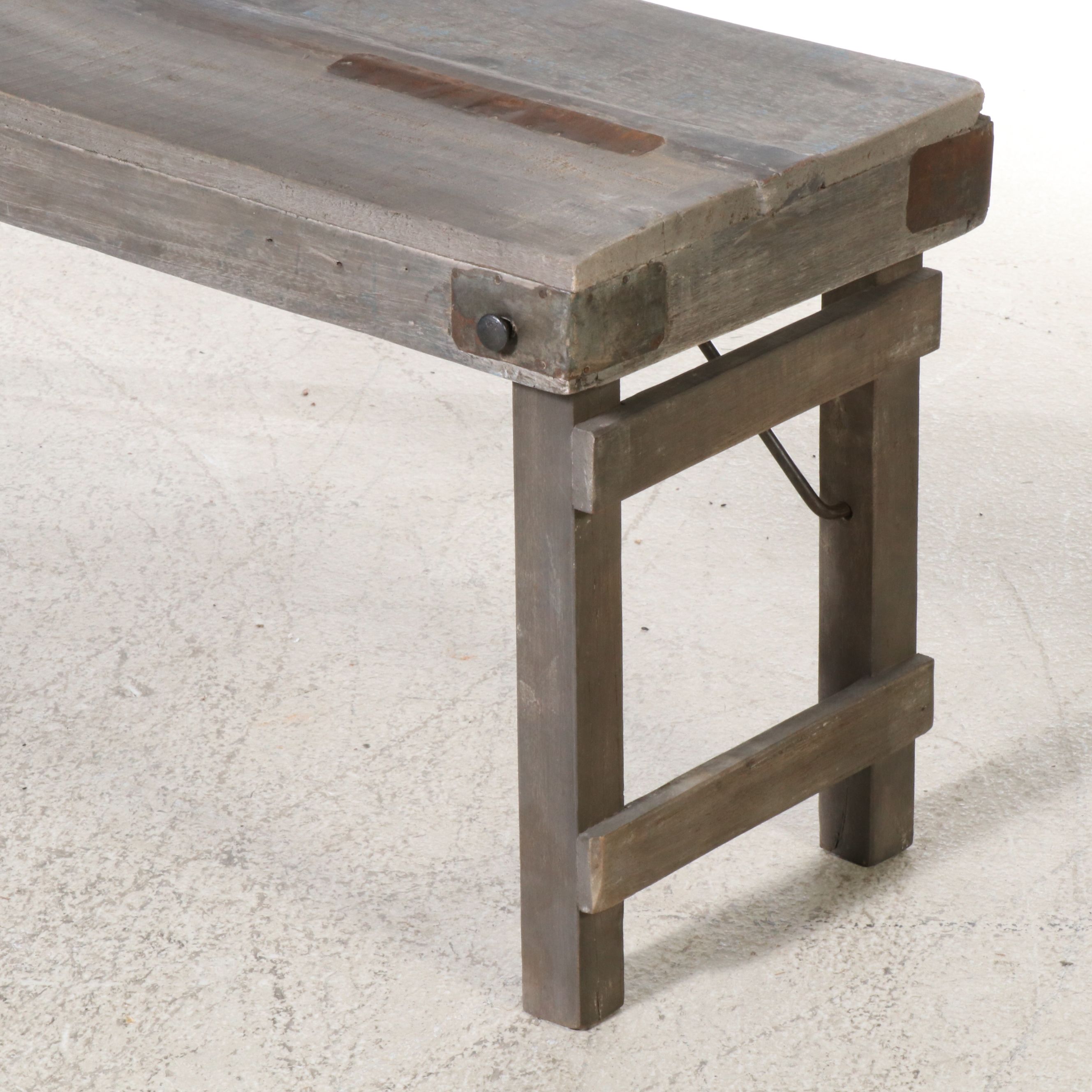 Industrial Wooden Folding Bench with Metal Patches