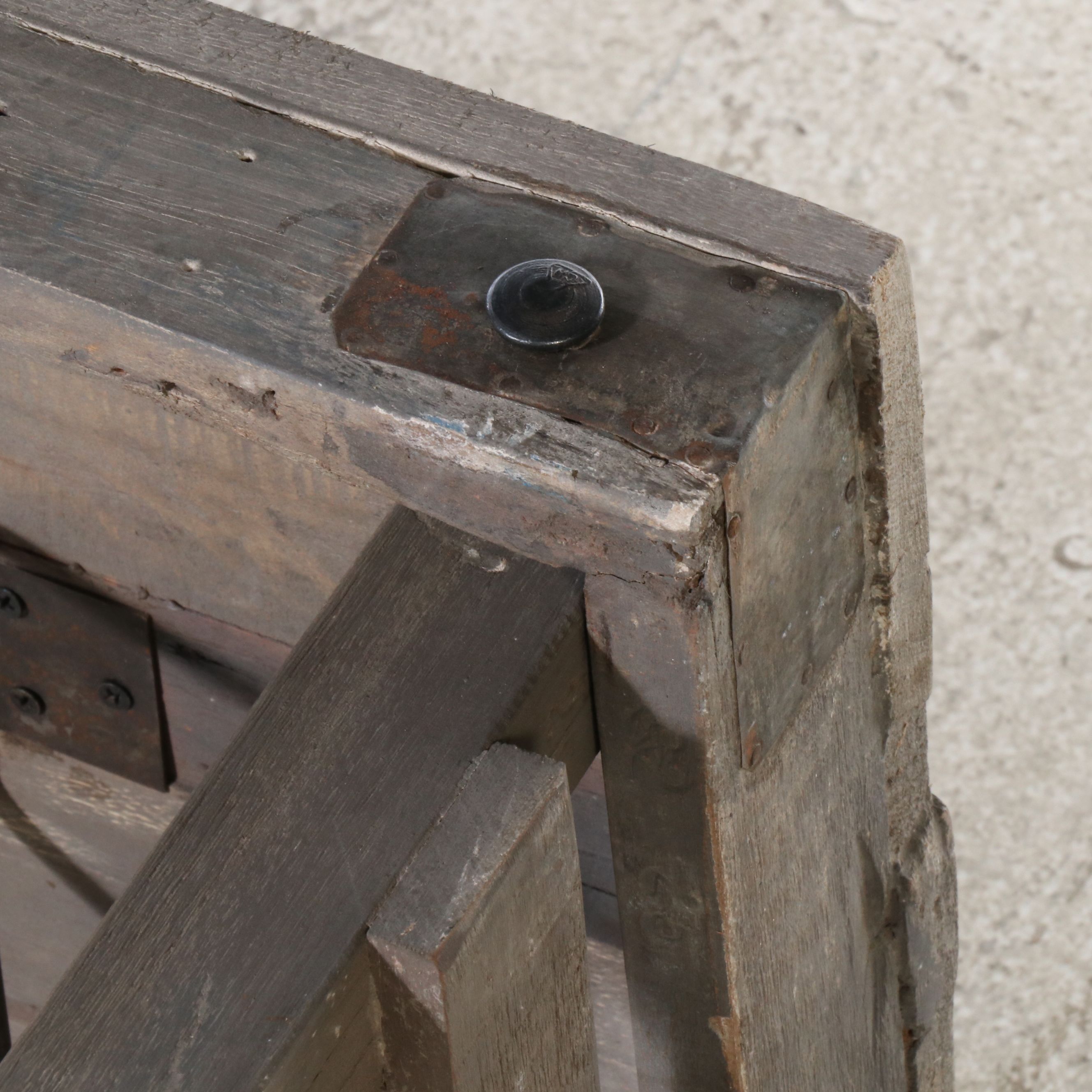 Industrial Wooden Folding Bench with Metal Patches