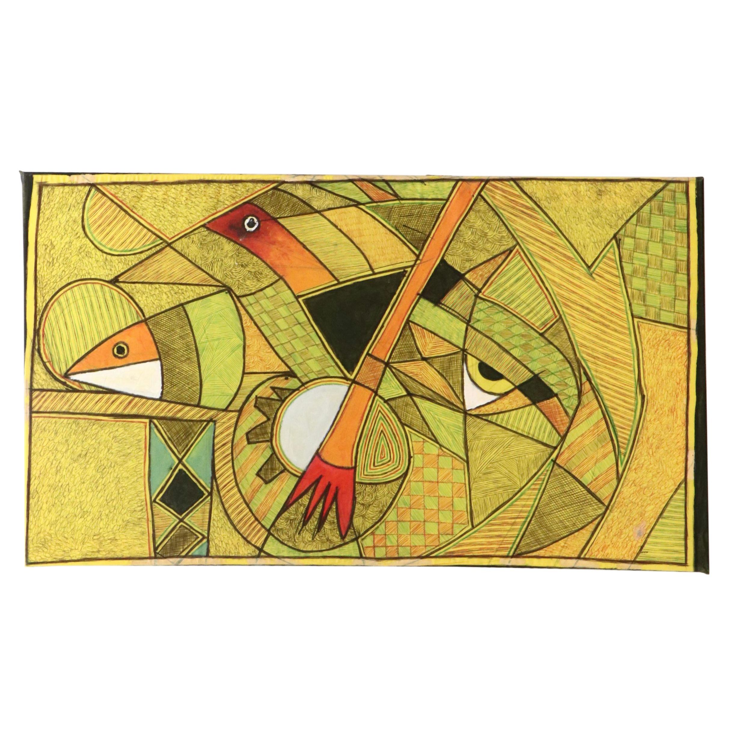 Kayode Buraimoh Mixed Media Painting "Feeding Fish," 2025