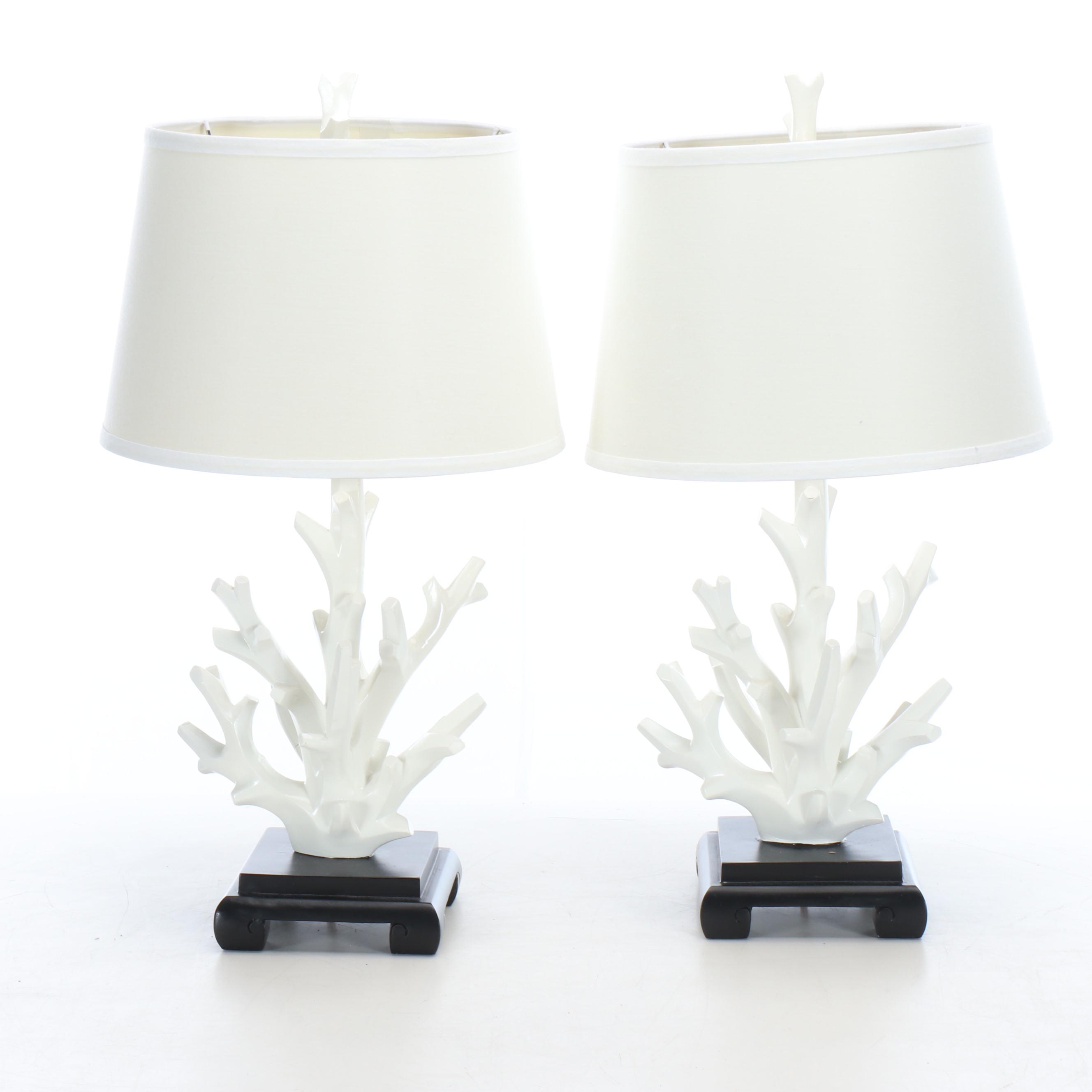 Pair of White Faux Coral Table Lamps with Shades, 2010