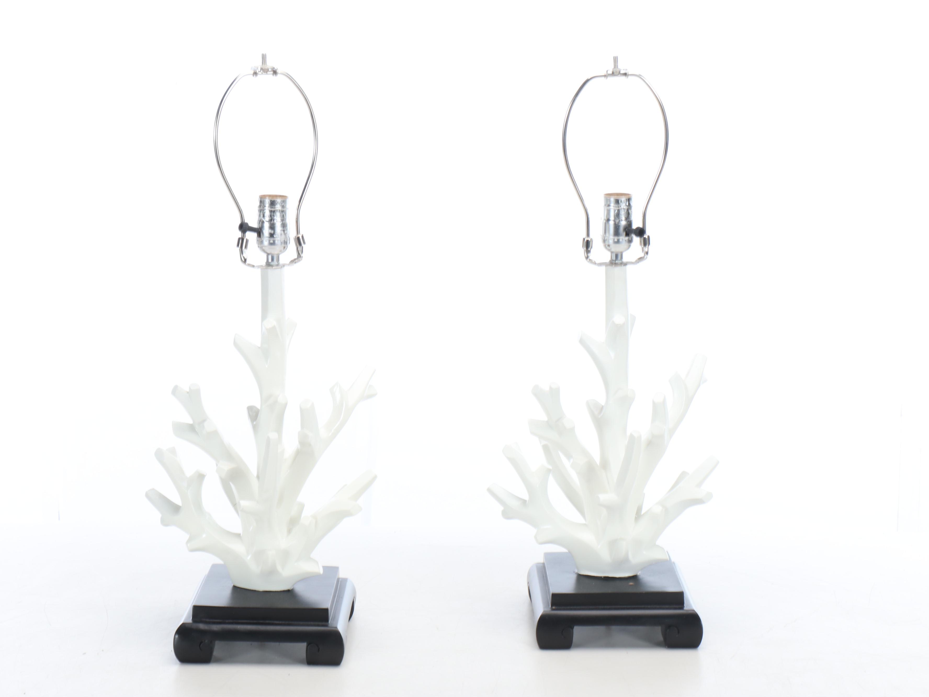 Pair of White Faux Coral Table Lamps with Shades, 2010