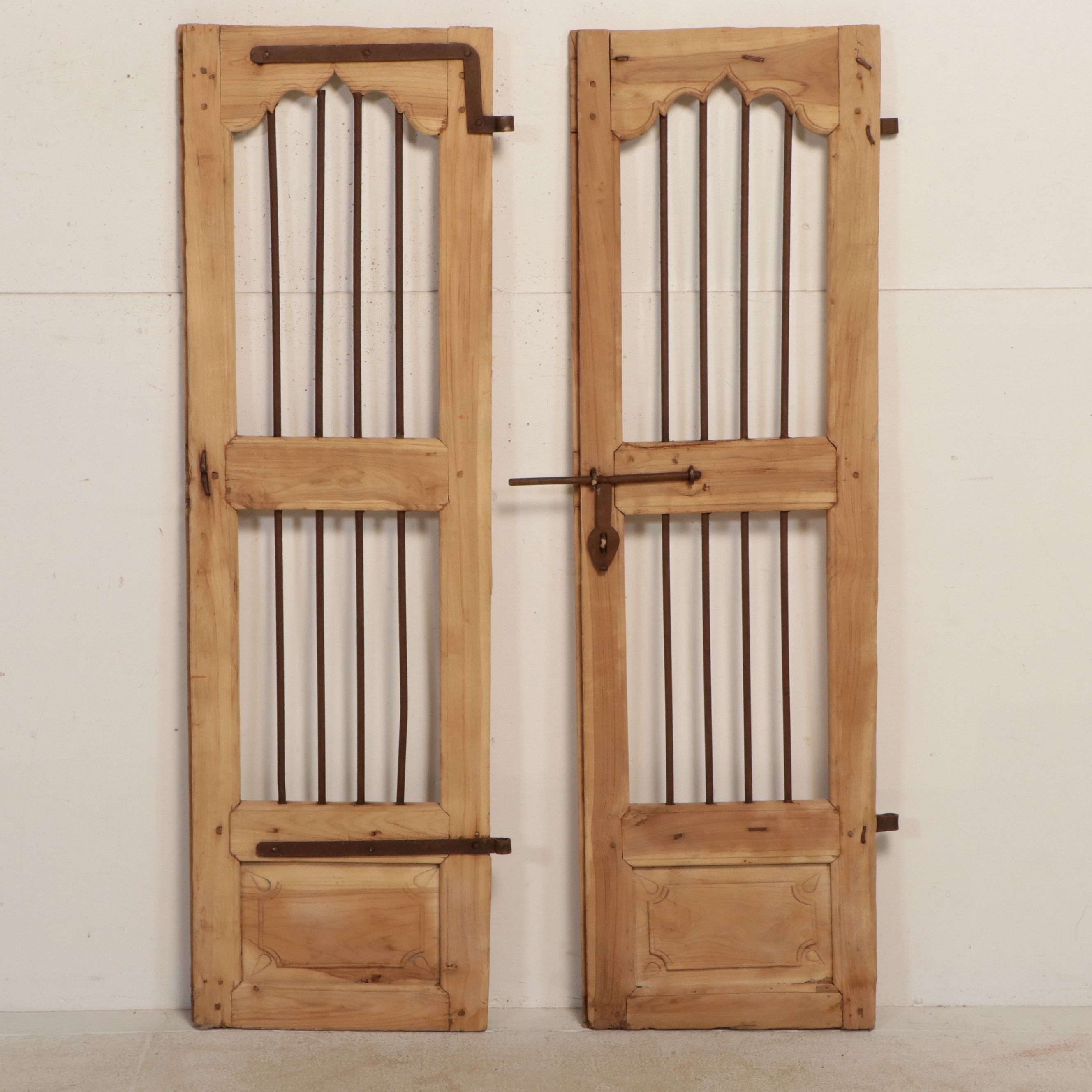 Pair of Indian Carved Wood and Iron Jali Doors