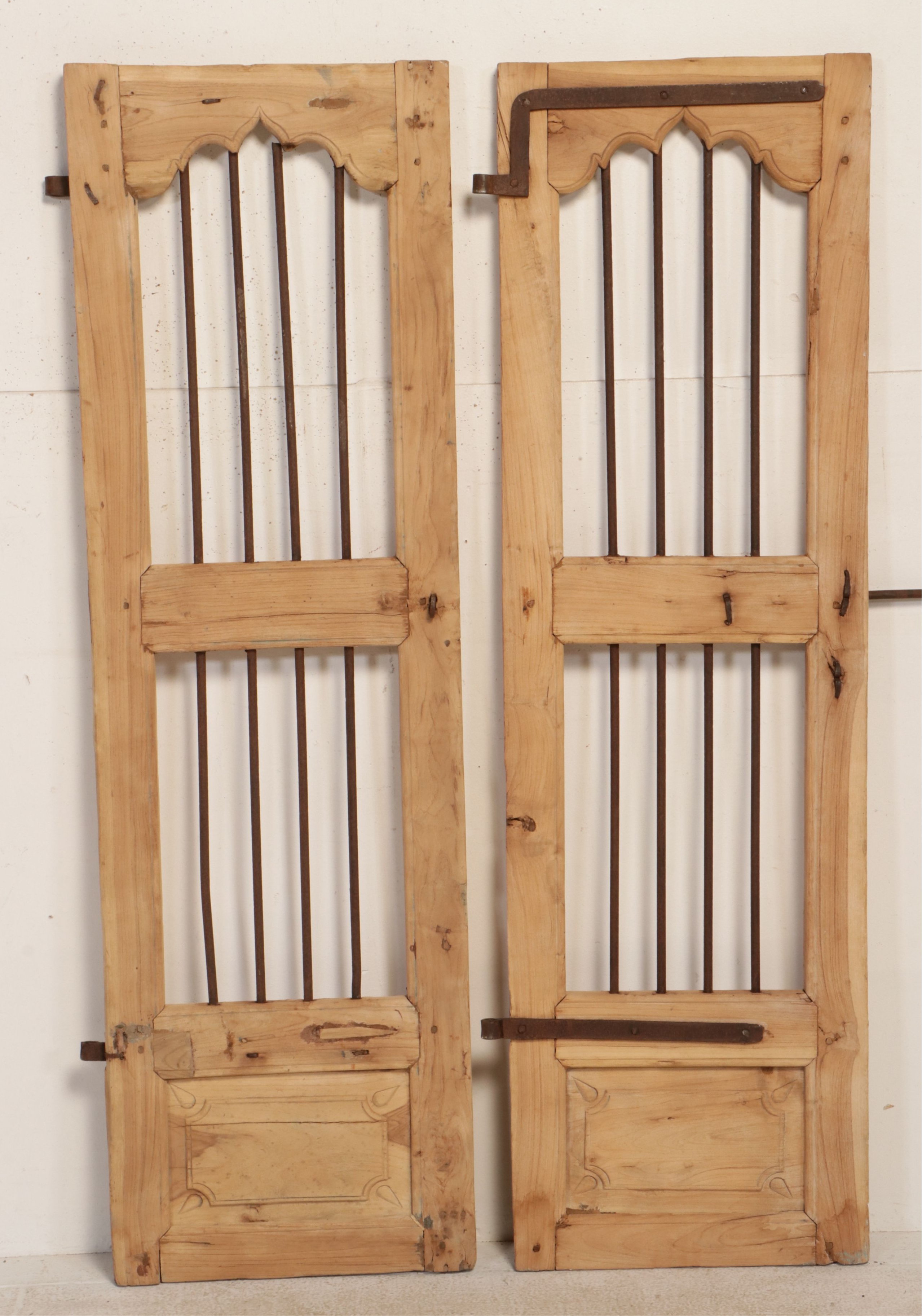 Pair of Indian Carved Wood and Iron Jali Doors