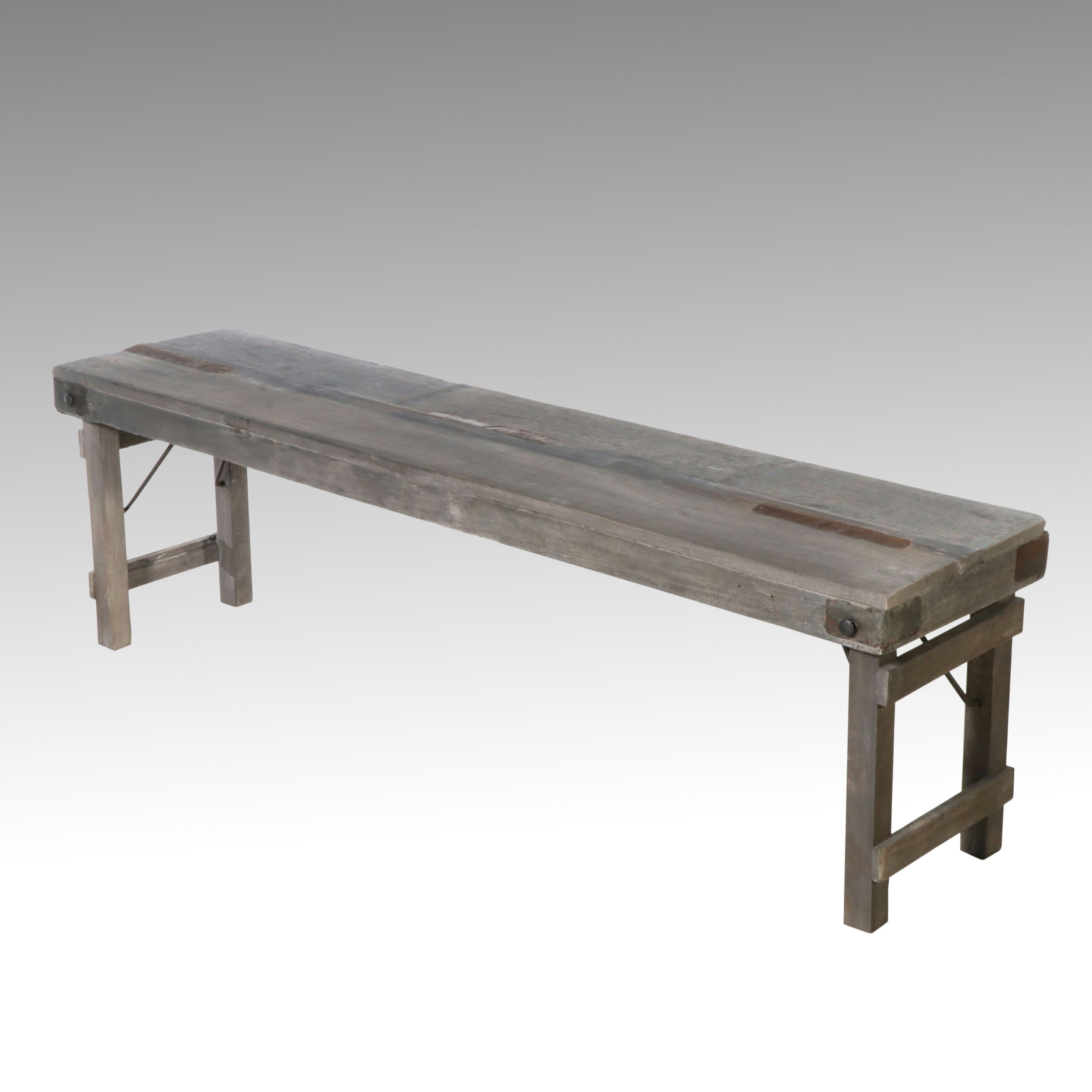 Industrial Wooden Folding Bench with Metal Patches