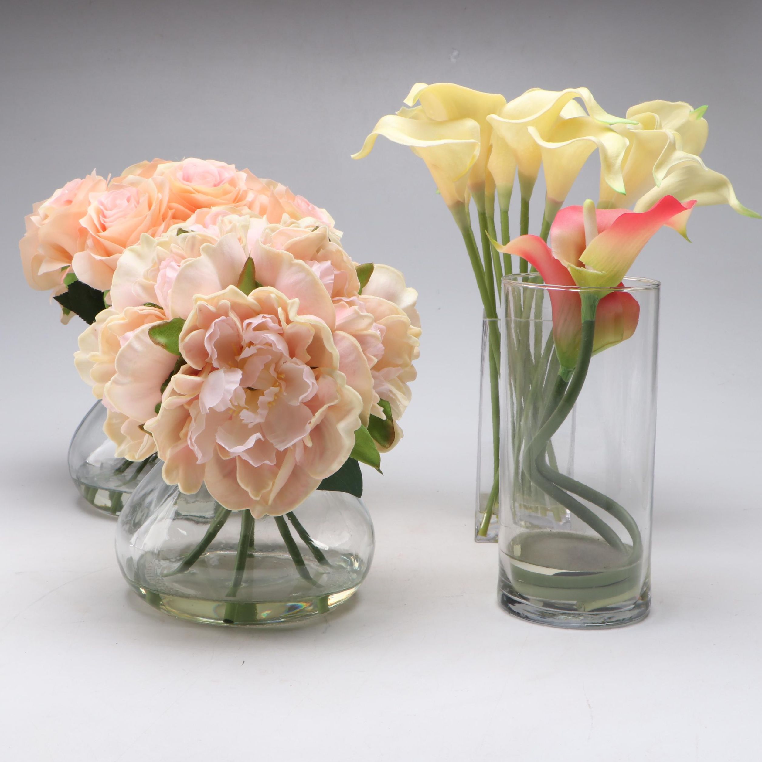 Faux Pink Roses & Peony Bouquet with Yellow and Pink Calla Lilies in Vase