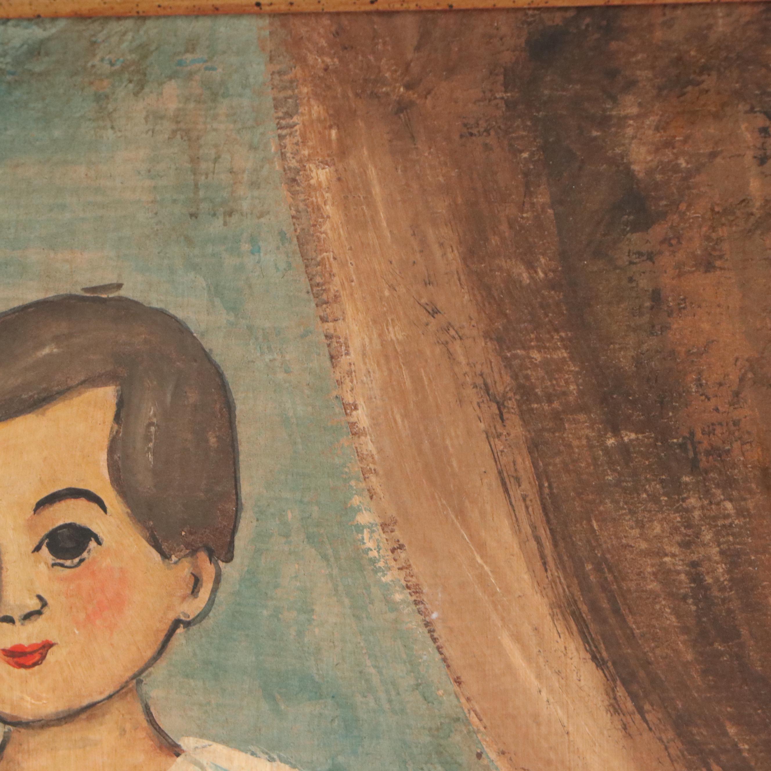 Oil Painting Folk Art Portrait Set, Early to Mid-20th Century